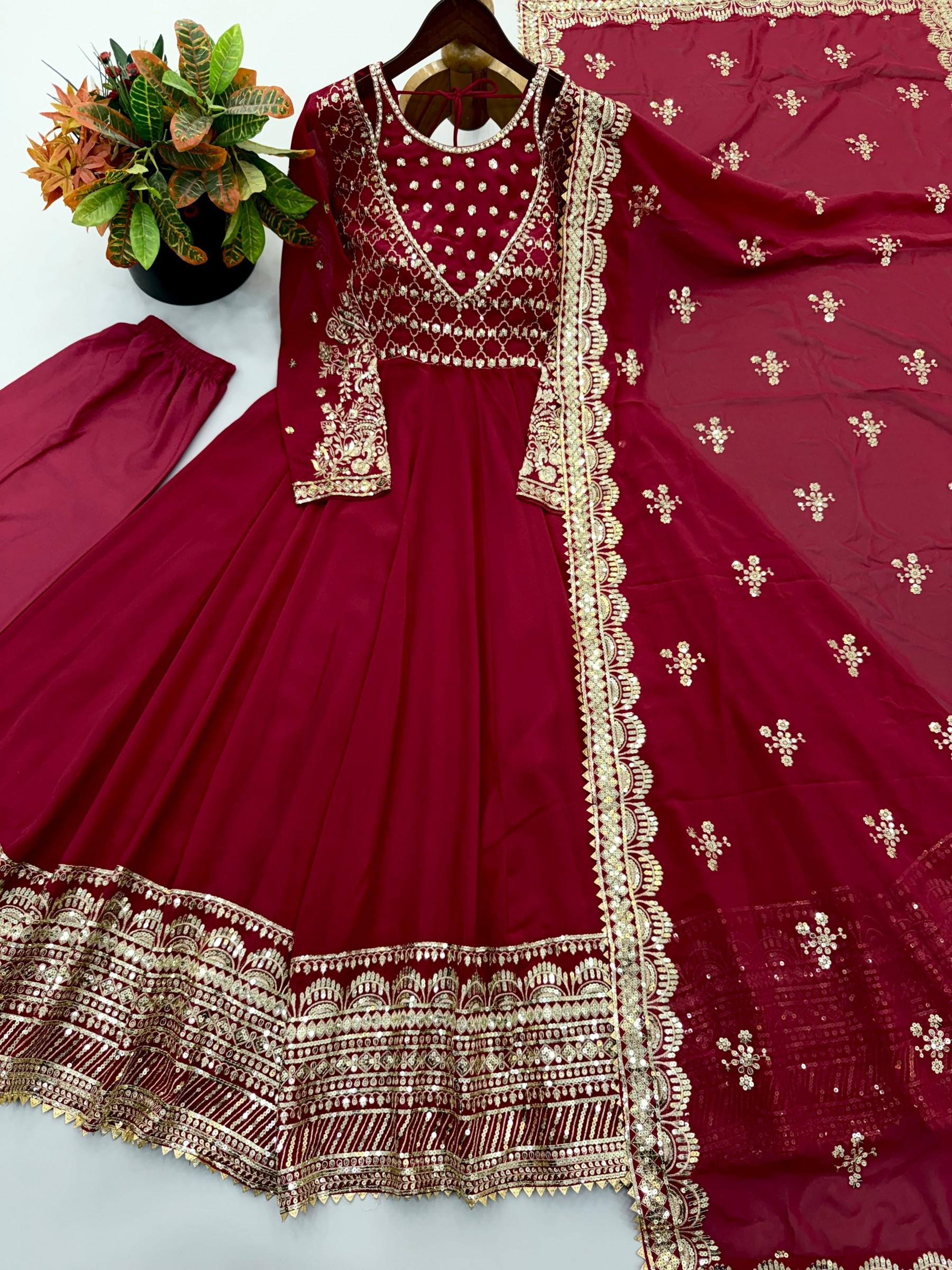 JF-049 Designer Heavy Georgette Embroidered Sequence Work Gown Set with Dupatta Partywear And Wedding Gown Single Wholesale Price 
