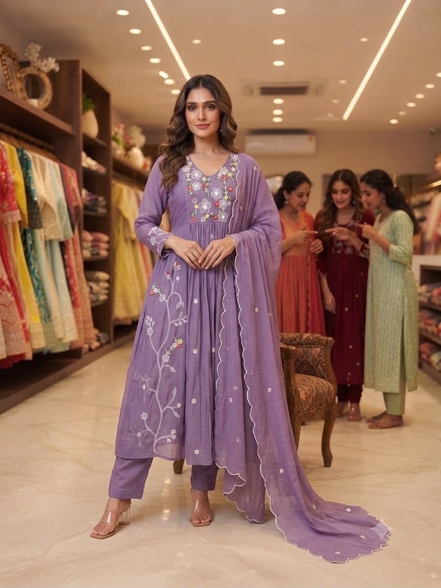 LG-2131 Mul Chanderi Sequence Embroidered Suit Set with Pant & Dupatta Single Wholesale Price 