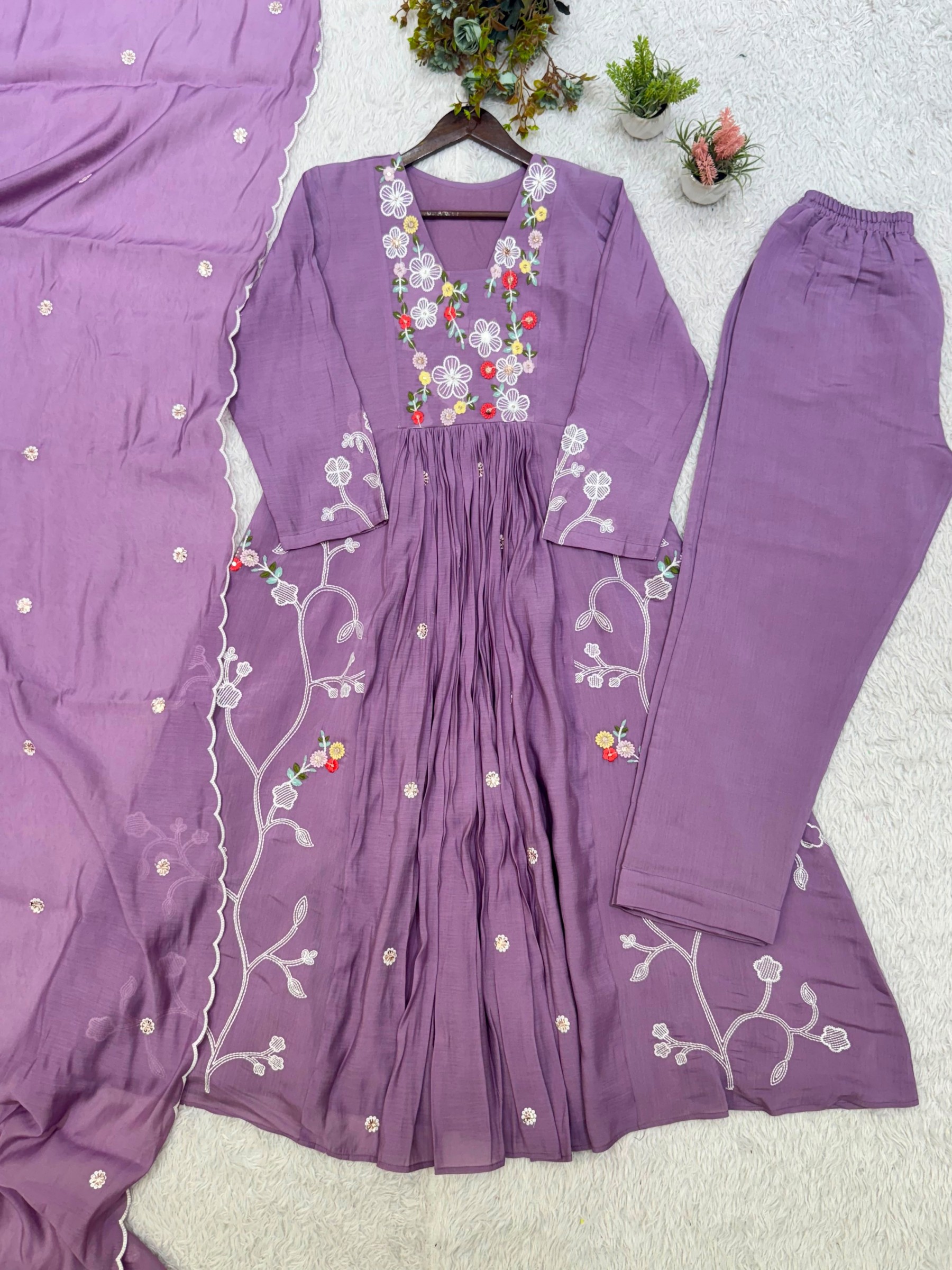 LG-2131 Mul Chanderi Sequence Embroidered Suit Set with Pant & Dupatta Single Wholesale Price 