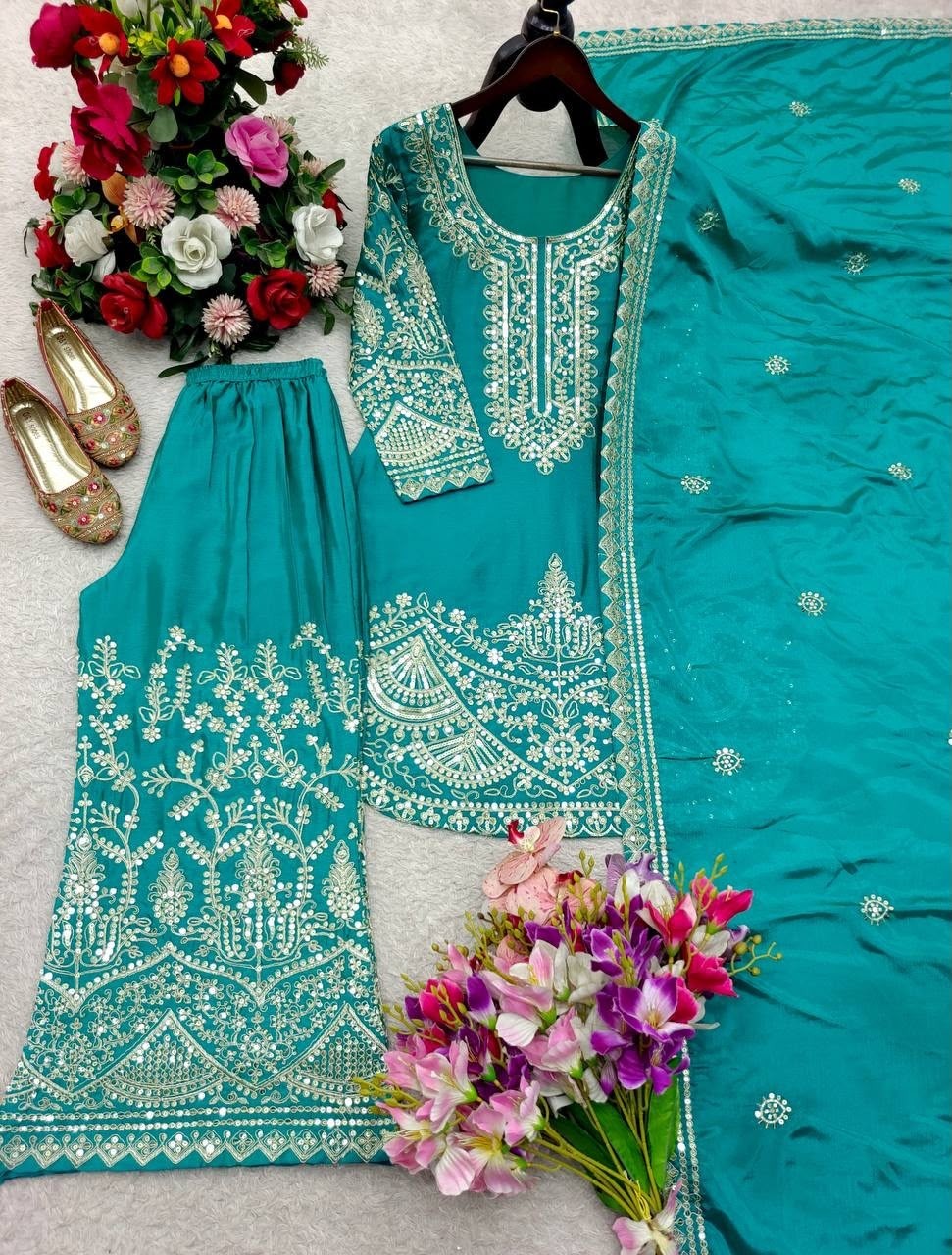 WW 1265 Pure Chinon Silk Embroidered Palazzo Suit Set with Dupatta Pakistani Readymade Suit single wholesale price 