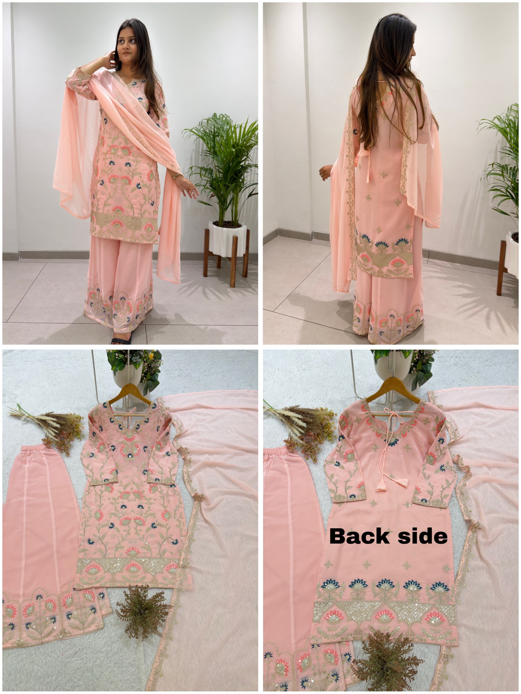 BE-486 Designer Georgette Cording Sequence Embroidered Top Palazzo Set With Dupatta Pakistani Readymade Suit Single Wholesale Price 