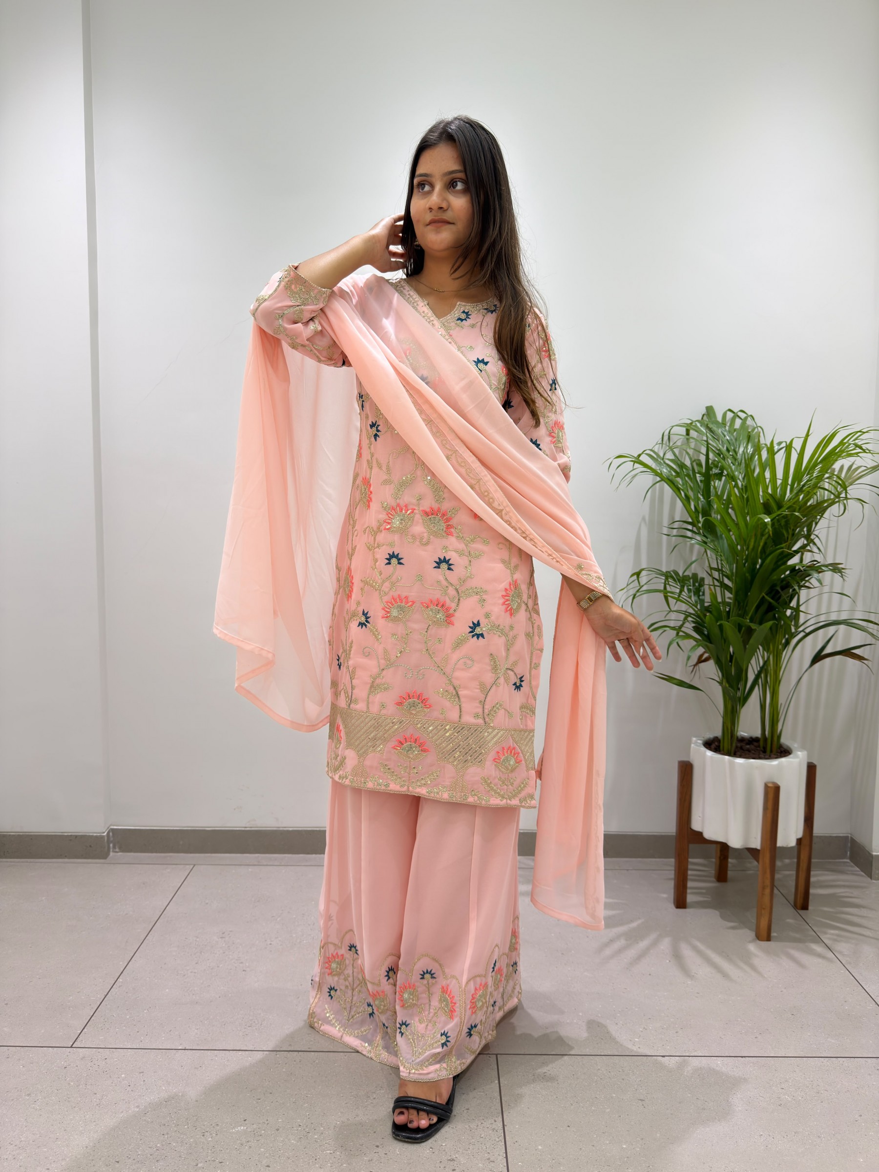 BE-486 Designer Georgette Cording Sequence Embroidered Top Palazzo Set With Dupatta Pakistani Readymade Suit Single Wholesale Price 