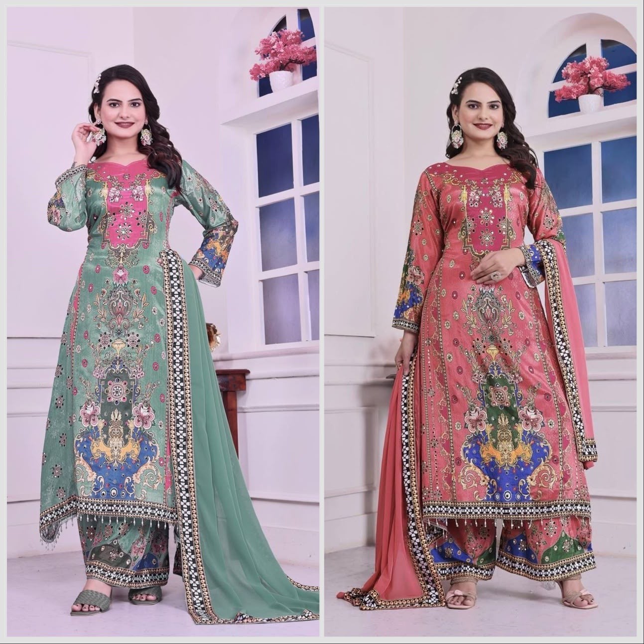 DHK-1327 Eid Special Chinon Silk Digital Print A-Line Kurta Palazzo Set With Dupatta Pakistani Readymade Suit single wholesale price 