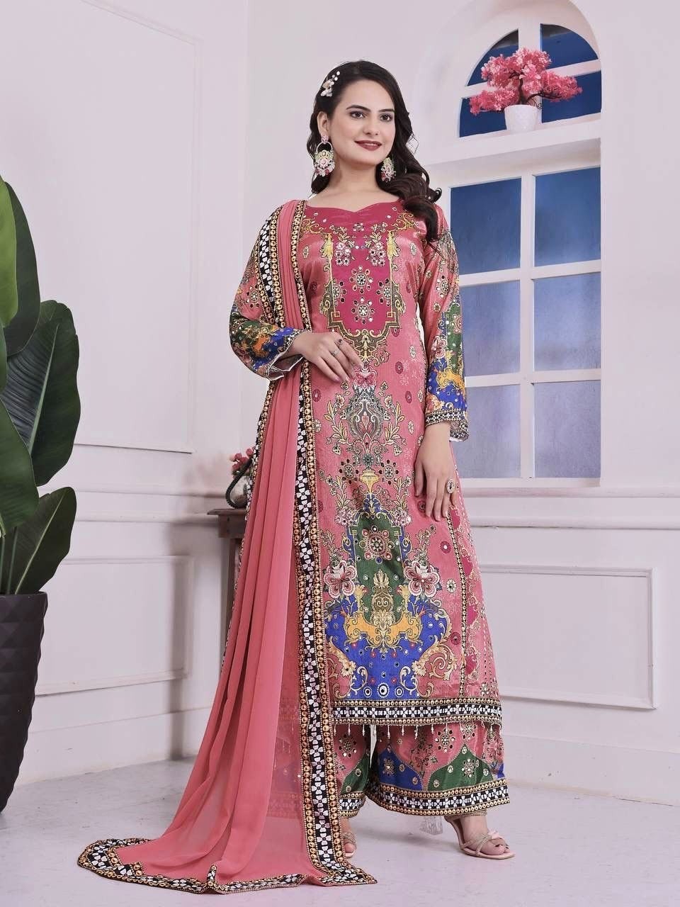 DHK-1327 Eid Special Chinon Silk Digital Print A-Line Kurta Palazzo Set With Dupatta Pakistani Readymade Suit single wholesale price 