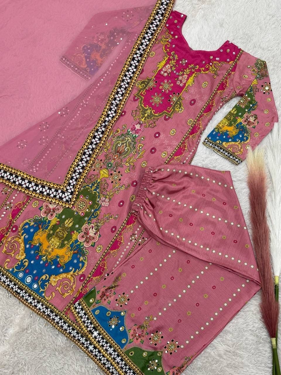DHK-1327 Eid Special Chinon Silk Digital Print A-Line Kurta Palazzo Set With Dupatta Pakistani Readymade Suit single wholesale price 