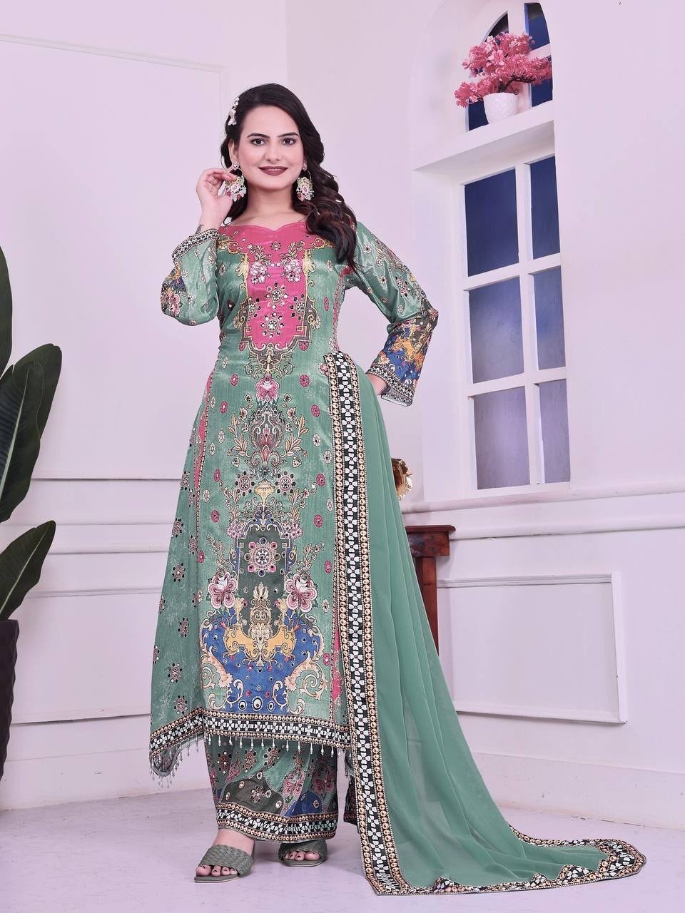 DHK-1327 Eid Special Chinon Silk Digital Print A-Line Kurta Palazzo Set With Dupatta Pakistani Readymade Suit single wholesale price 