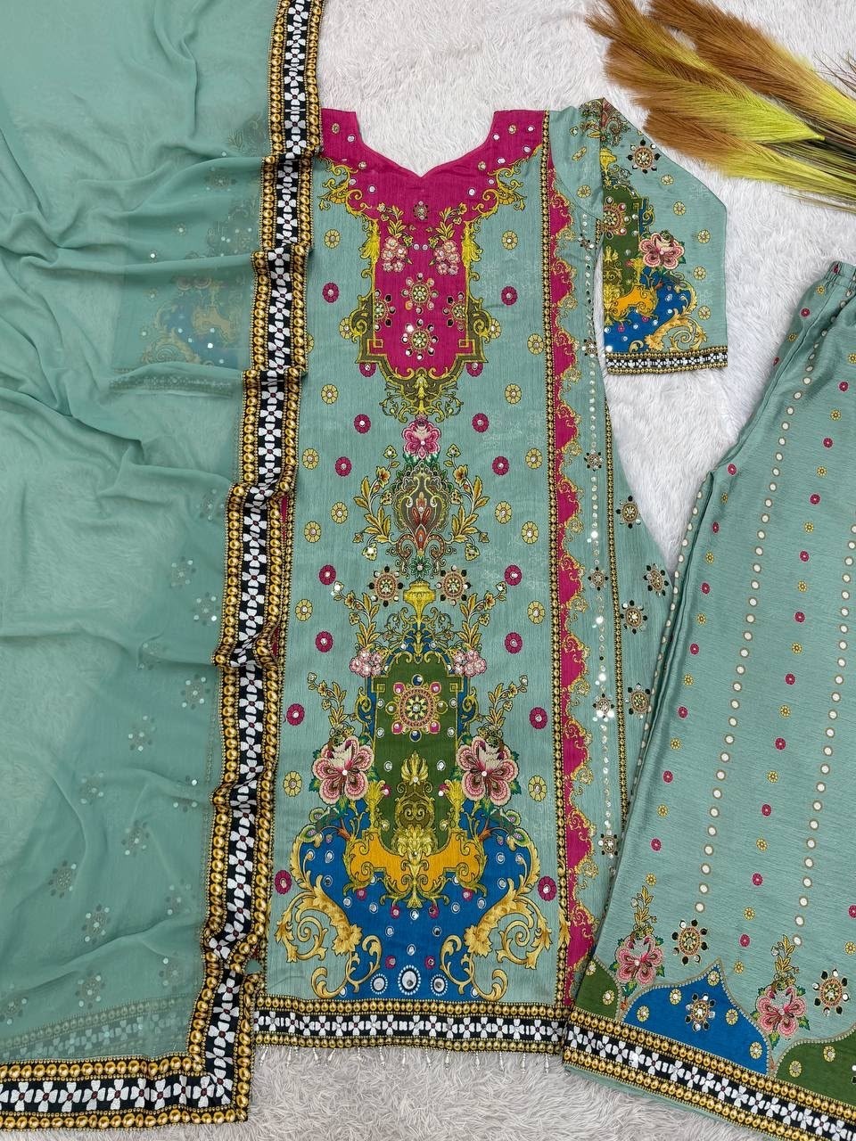 DHK-1327 Eid Special Chinon Silk Digital Print A-Line Kurta Palazzo Set With Dupatta Pakistani Readymade Suit single wholesale price 