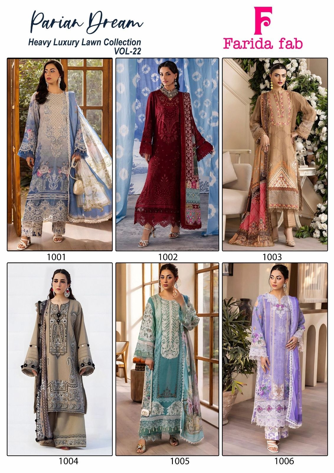 PARIAN DREAM Vol 22 Premium Designer 6-Piece Lawn Cotton Suit by FARIDA FAB Pakistani Karachi Printed Suit (Full Set) Wholesale Price 