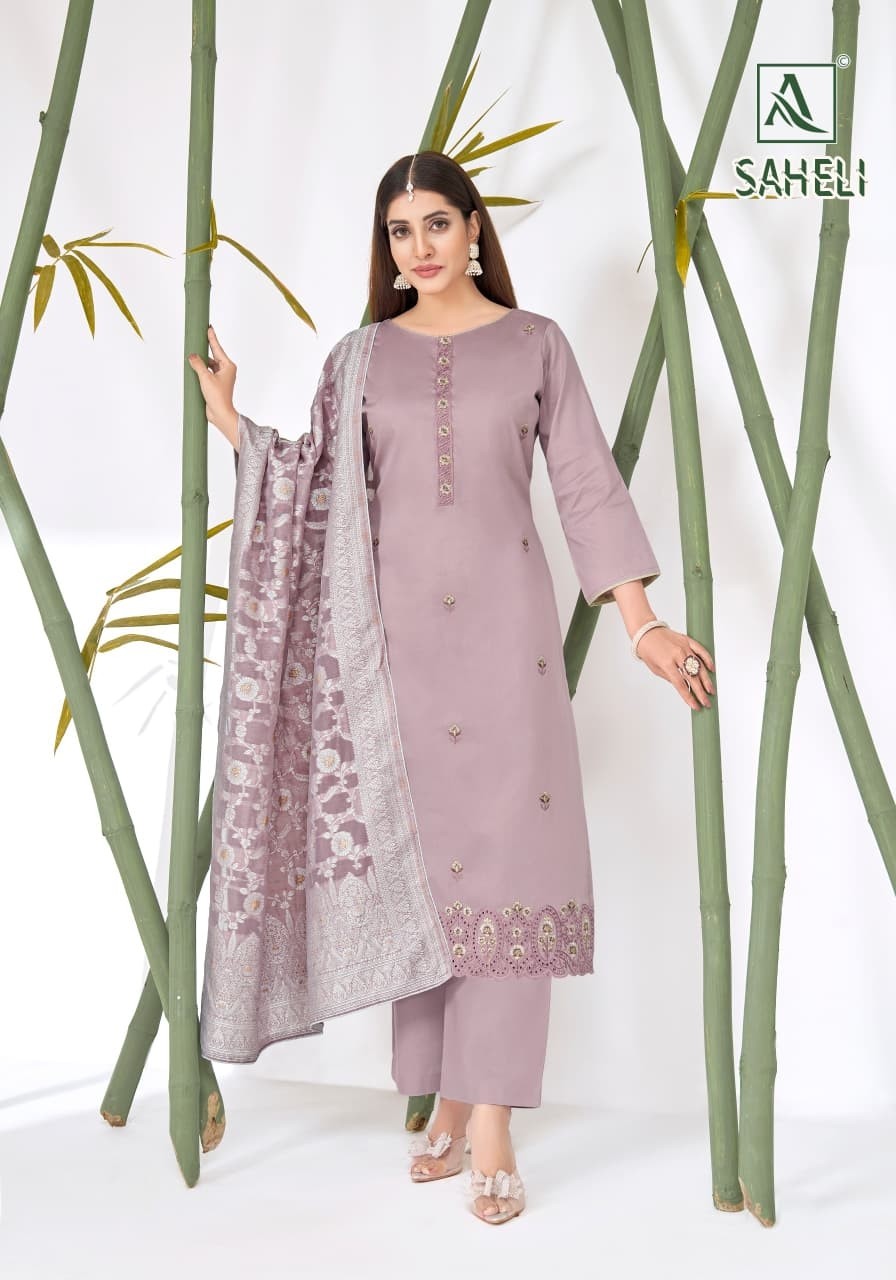 Alok Suit Saheli Designer Cotton Suit Collection – Embroidered Top with Hand Weave Jacquard Dupatta (Full Set) Wholesale Price 