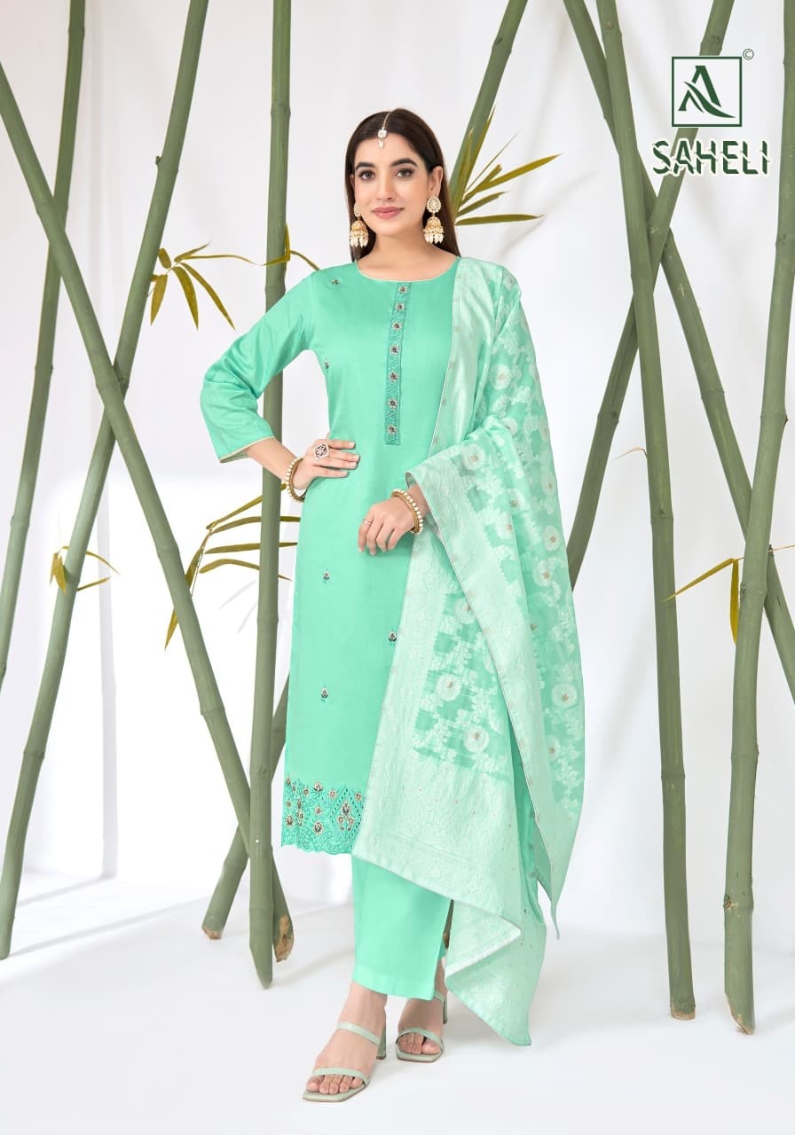 Alok Suit Saheli Designer Cotton Suit Collection – Embroidered Top with Hand Weave Jacquard Dupatta (Full Set) Wholesale Price 