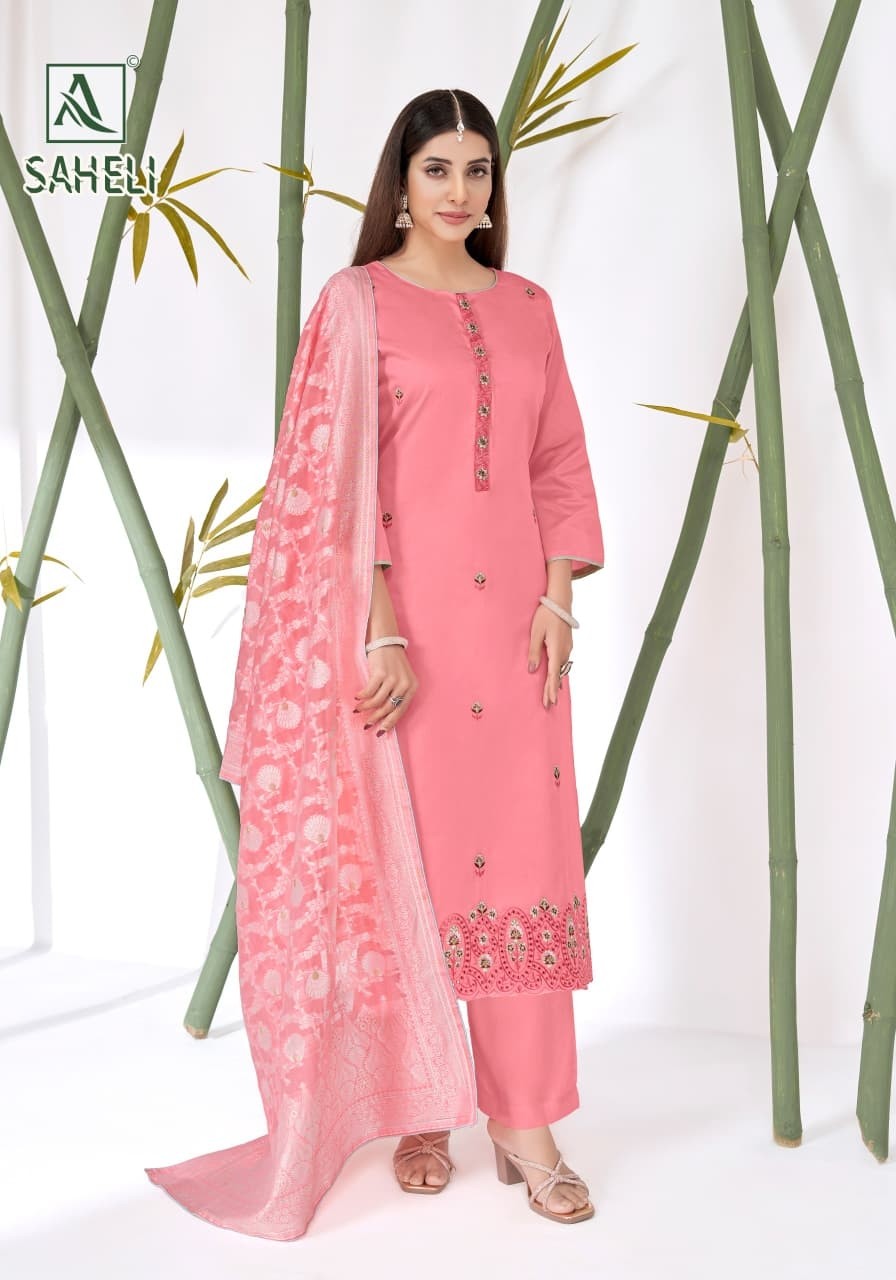 Alok Suit Saheli Designer Cotton Suit Collection – Embroidered Top with Hand Weave Jacquard Dupatta (Full Set) Wholesale Price 