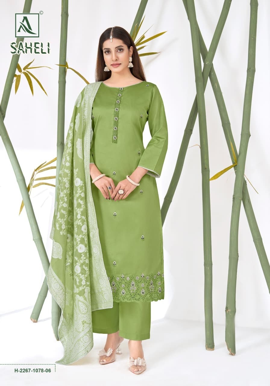 Alok Suit Saheli Designer Cotton Suit Collection – Embroidered Top with Hand Weave Jacquard Dupatta (Full Set) Wholesale Price 