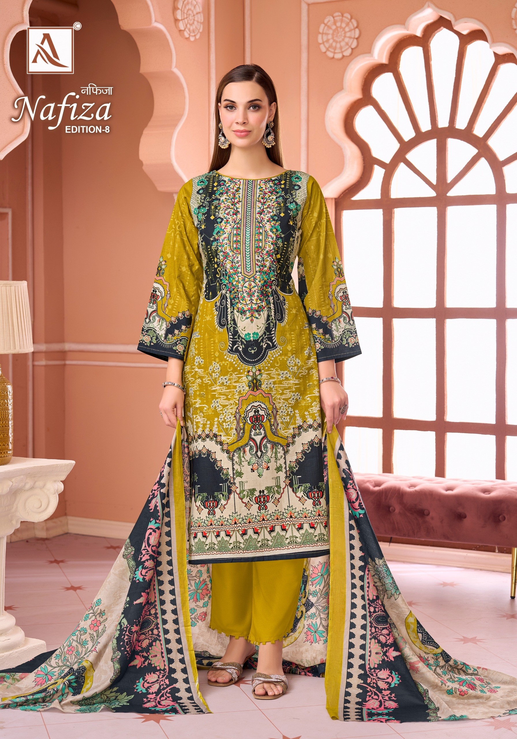 Alok Suit Nafiza-08 Premium Cambric Cotton Pakistani Print Suit with Embroidery (Full Set) Wholesale Price 