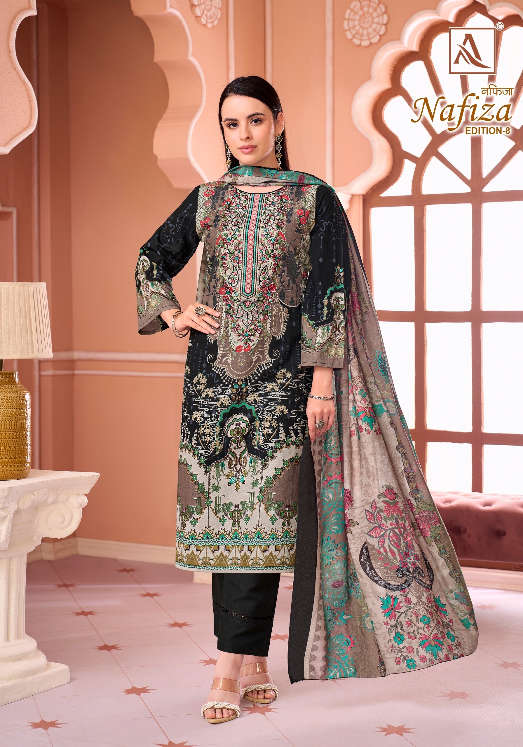 Alok Suit Nafiza-08 Premium Cambric Cotton Pakistani Print Suit with Embroidery (Full Set) Wholesale Price 