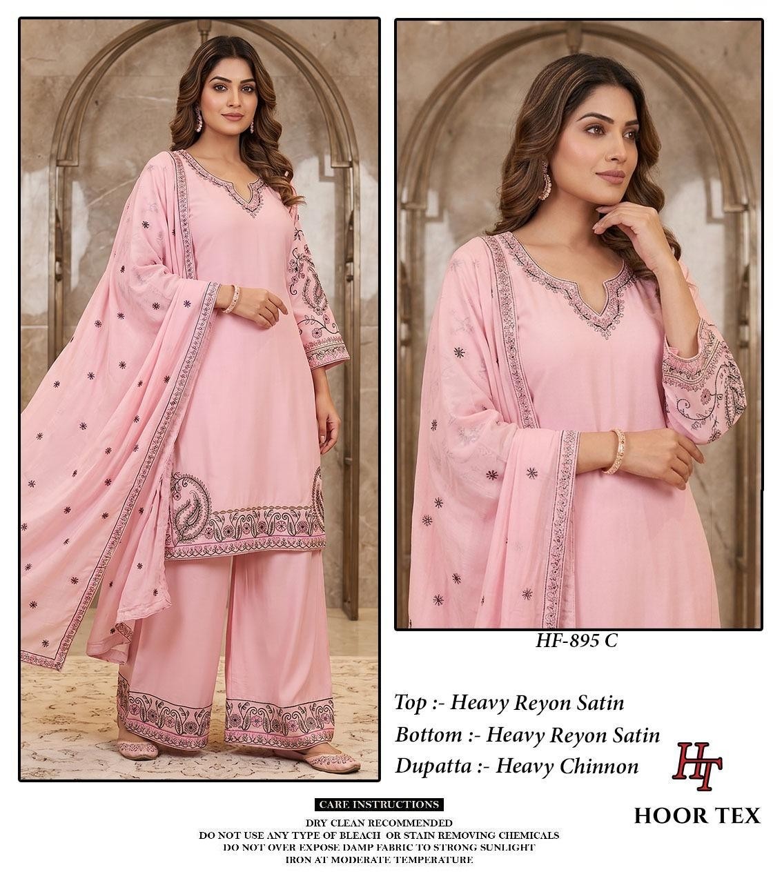 Hoor Tex HF-895 A to D Pakistani Suit – Heavy Reyon Satin Full Stitched Pakistani Suit (Single And Full set) Wholesale Price 