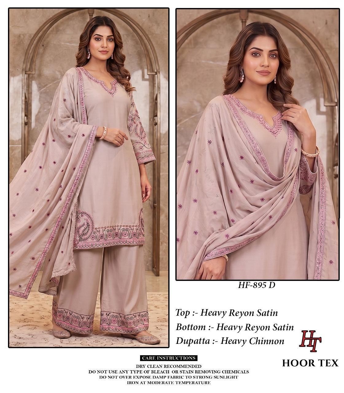 Hoor Tex HF-895 A to D Pakistani Suit – Heavy Reyon Satin Full Stitched Pakistani Suit (Single And Full set) Wholesale Price 
