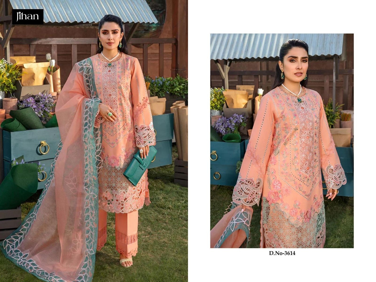 Rangrasiya Premium Lawn 3 Piece Embroidered Suit by Jihan Suits – D No. 3612, 3614, 3615 Pakistani Suit (Full Set) Wholesale Price 