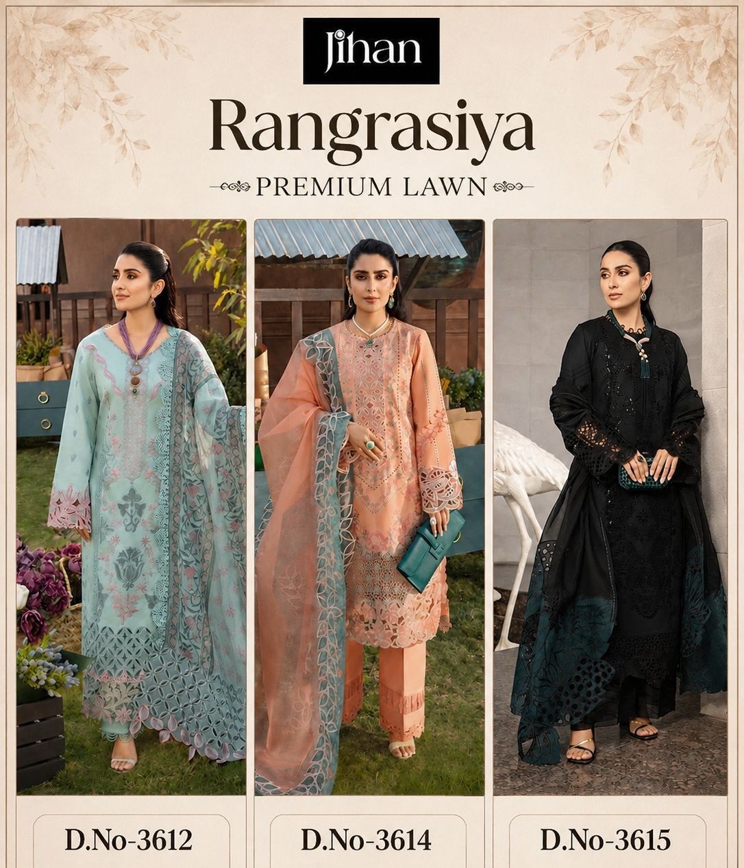 Rangrasiya Premium Lawn 3 Piece Embroidered Suit by Jihan Suits – D No. 3612, 3614, 3615 Pakistani Suit (Full Set) Wholesale Price 