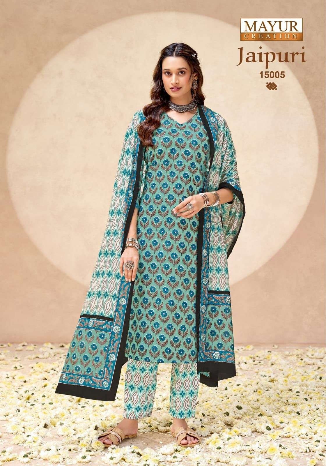 Mayur Creation Jaipuri Vol 15 Pure Cotton Printed Kurti Pant Set Readymade (Full Set) Wholesale Price 