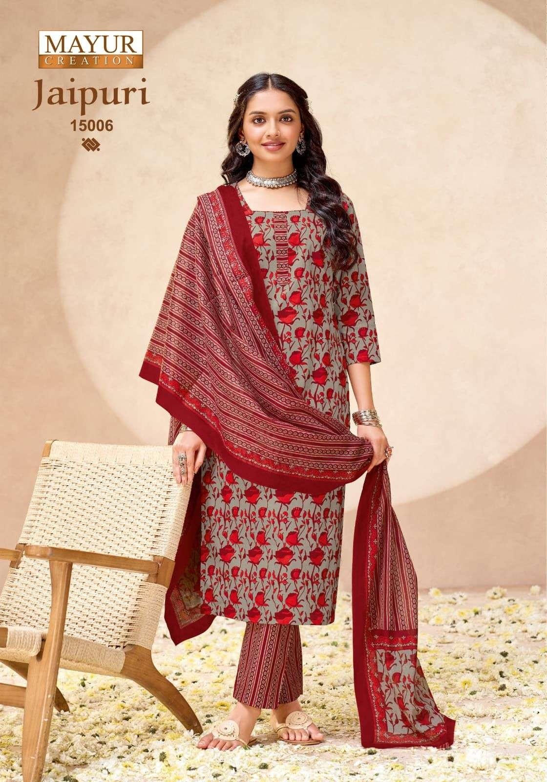 Mayur Creation Jaipuri Vol 15 Pure Cotton Printed Kurti Pant Set Readymade (Full Set) Wholesale Price 