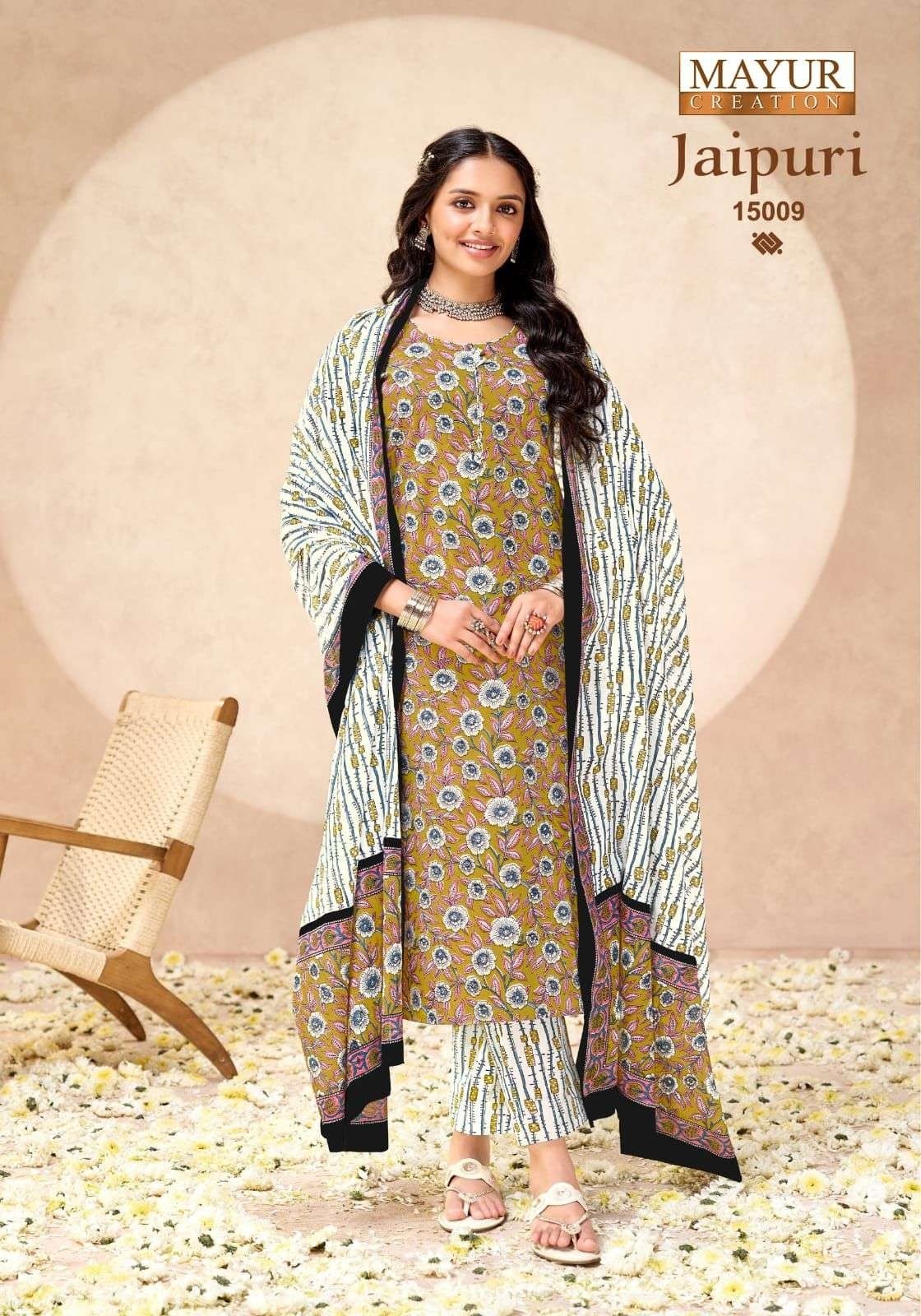 Mayur Creation Jaipuri Vol 15 Pure Cotton Printed Kurti Pant Set Readymade (Full Set) Wholesale Price 