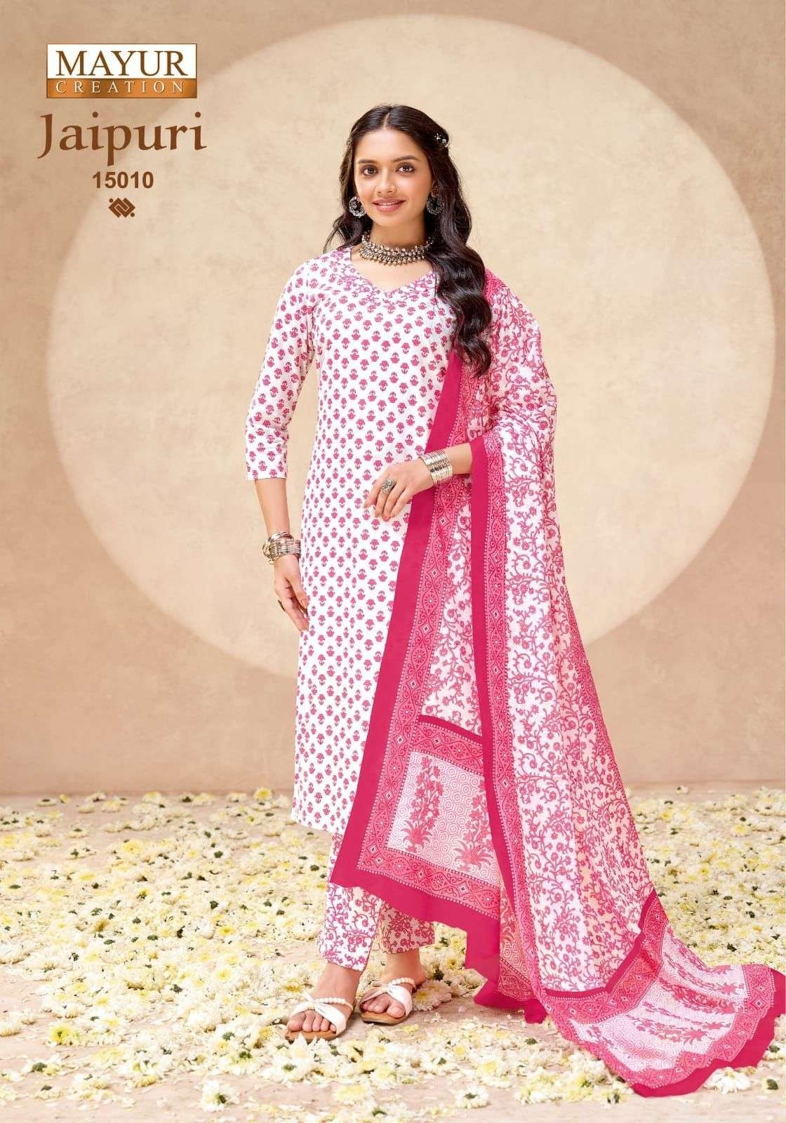 Mayur Creation Jaipuri Vol 15 Pure Cotton Printed Kurti Pant Set Readymade (Full Set) Wholesale Price 