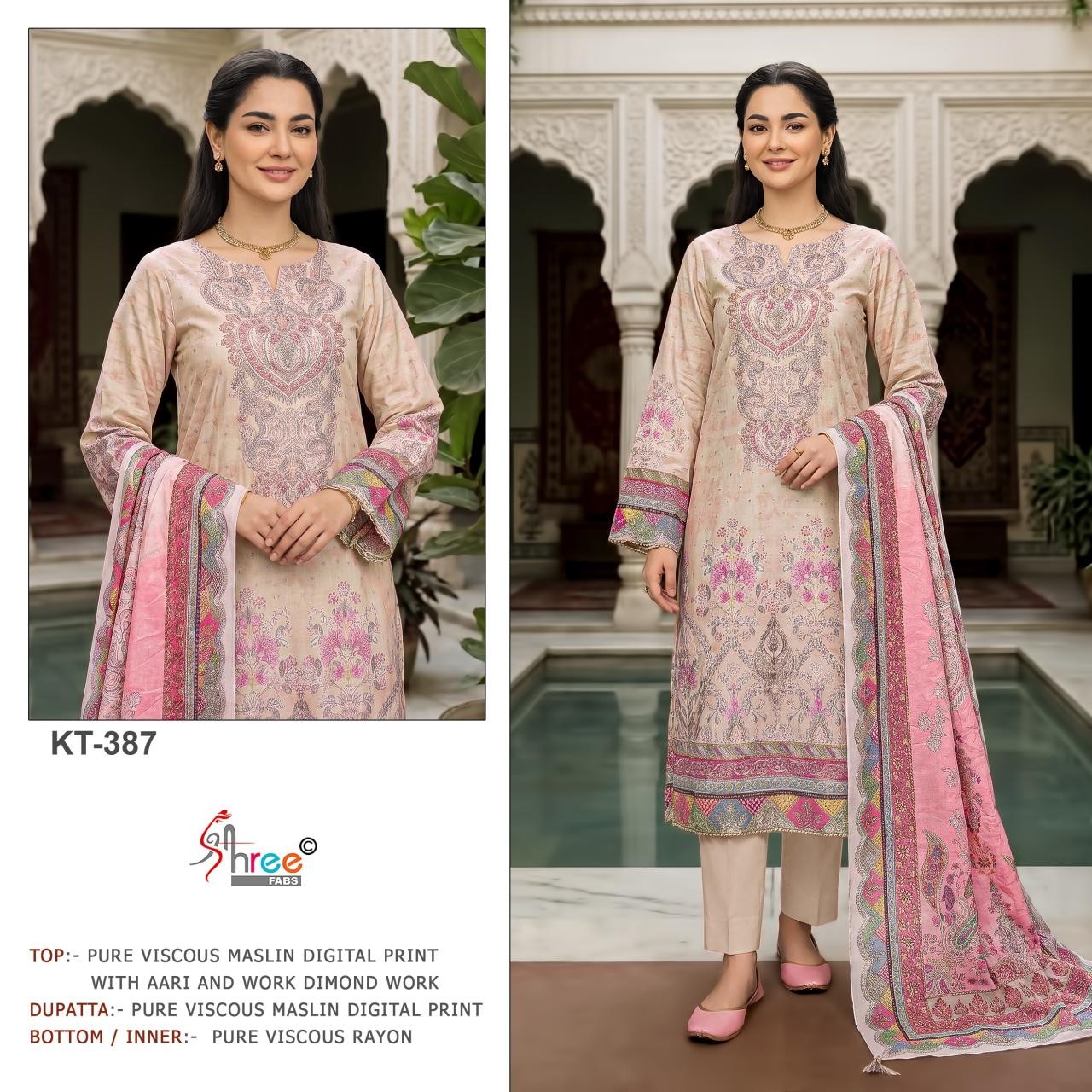 Shree Fab Surat KT 387 & KT 388 Premium Viscose Maslin Digital Print Pakistani Suit Single Wholesale Price 