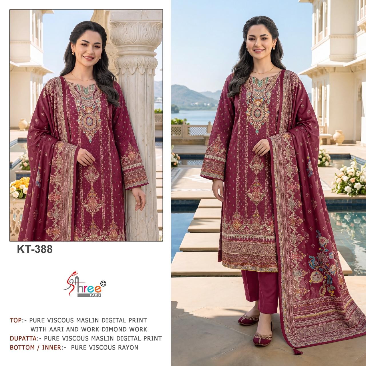 Shree Fab Surat KT 387 & KT 388 Premium Viscose Maslin Digital Print Pakistani Suit Single Wholesale Price 