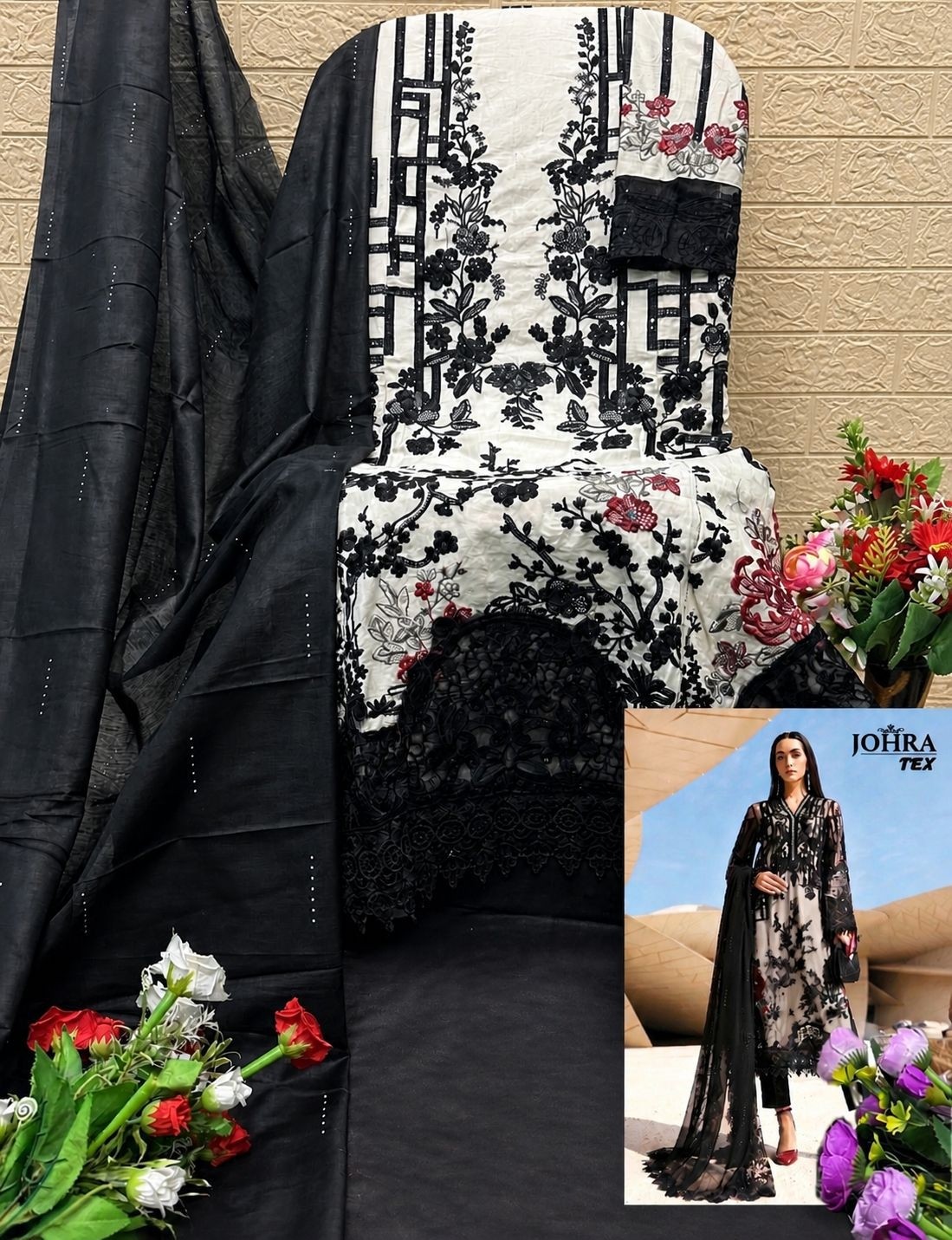 JOHRA TEX JT-199 Super Hit Cambric Cotton Embroidered Pakistani Suit Single Wholesale Price 