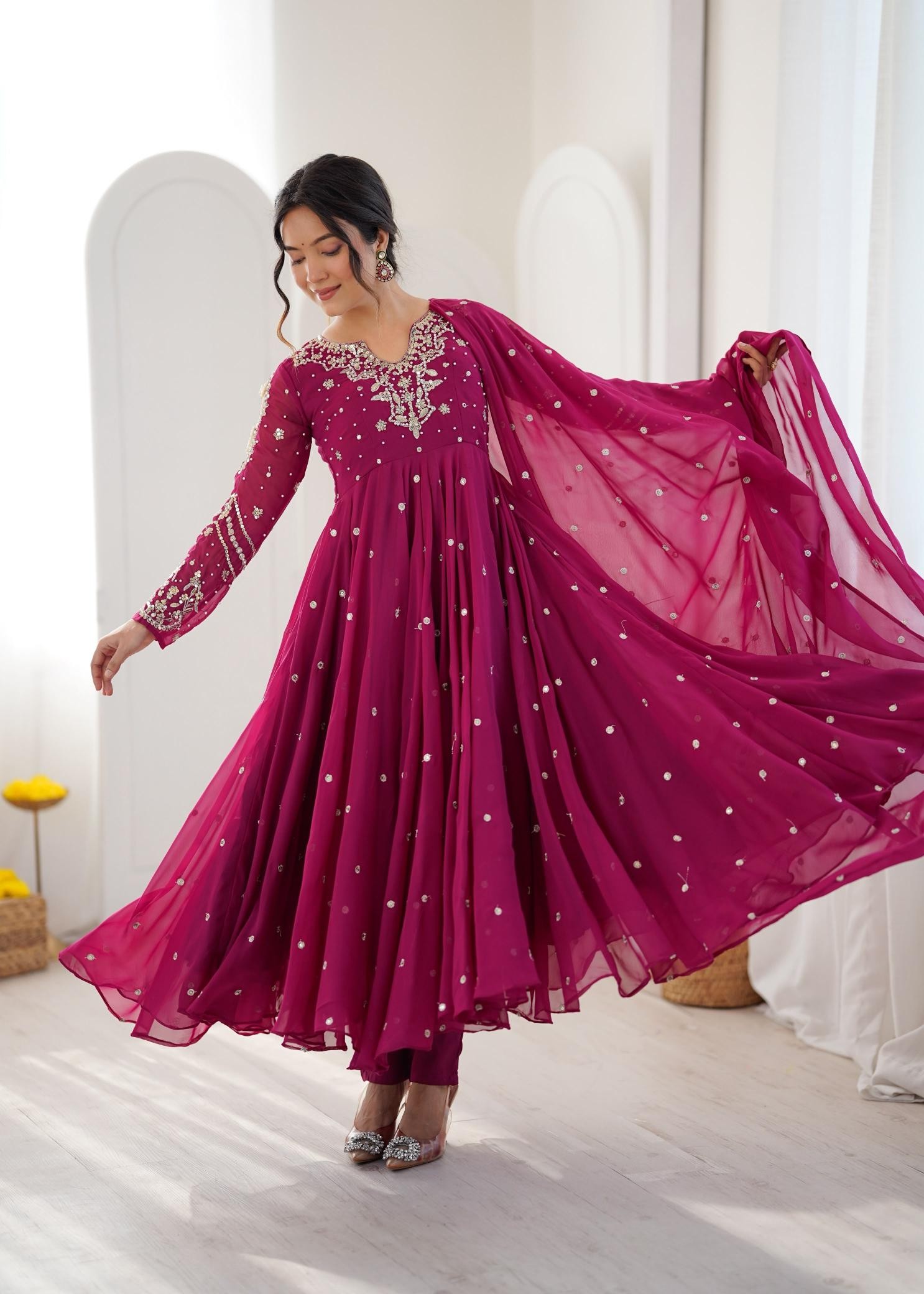 JF 056 Designer Faux Georgette Embroidered Gown with Dupatta & Pant Readymade Anarkali Dress Single Wholesale Price 