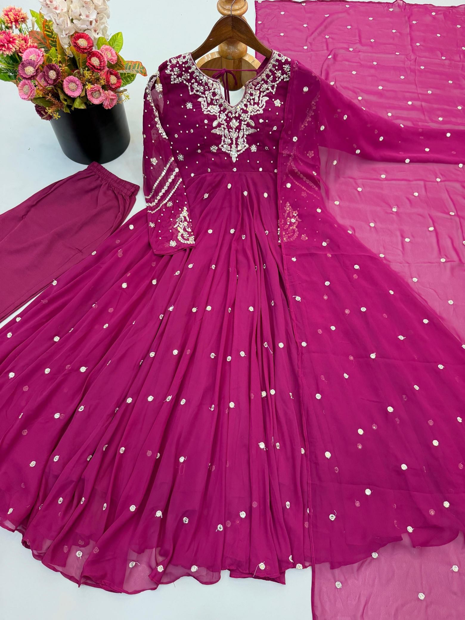 JF 056 Designer Faux Georgette Embroidered Gown with Dupatta & Pant Readymade Anarkali Dress Single Wholesale Price 