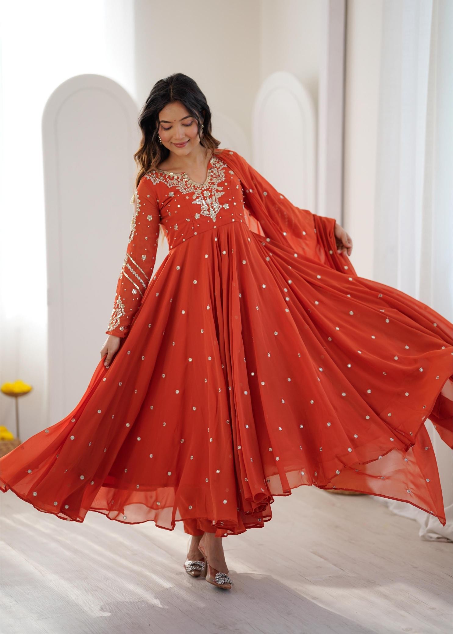 JF 056 Designer Faux Georgette Embroidered Gown with Dupatta & Pant Readymade Anarkali Dress Single Wholesale Price 