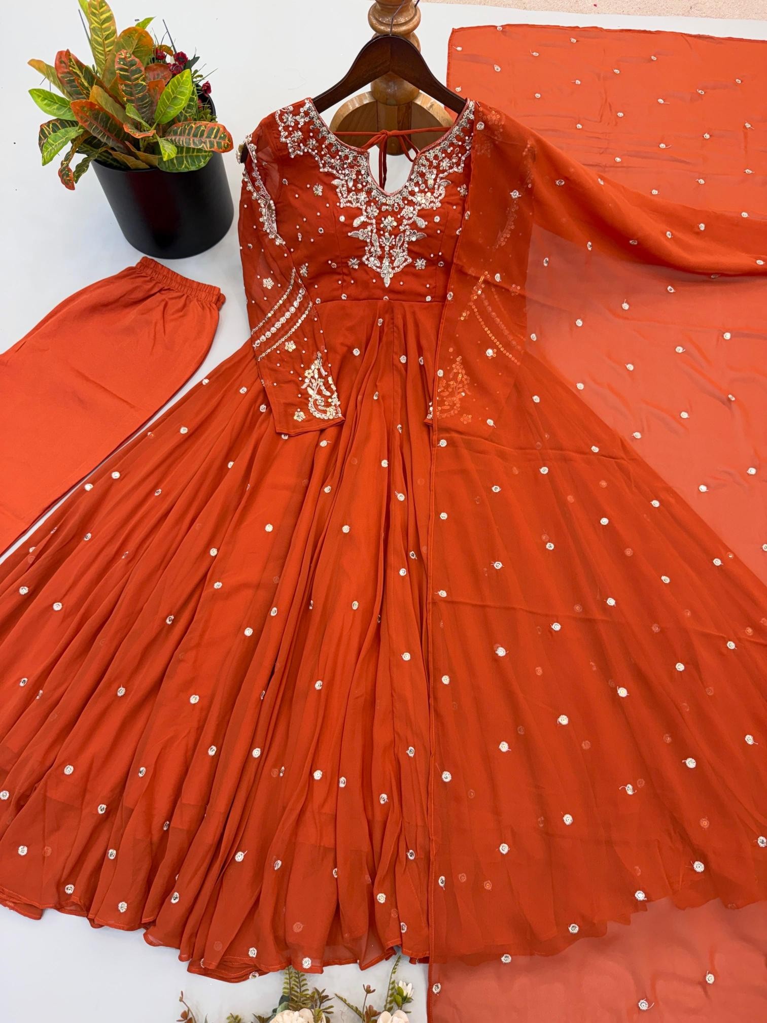 JF 056 Designer Faux Georgette Embroidered Gown with Dupatta & Pant Readymade Anarkali Dress Single Wholesale Price 