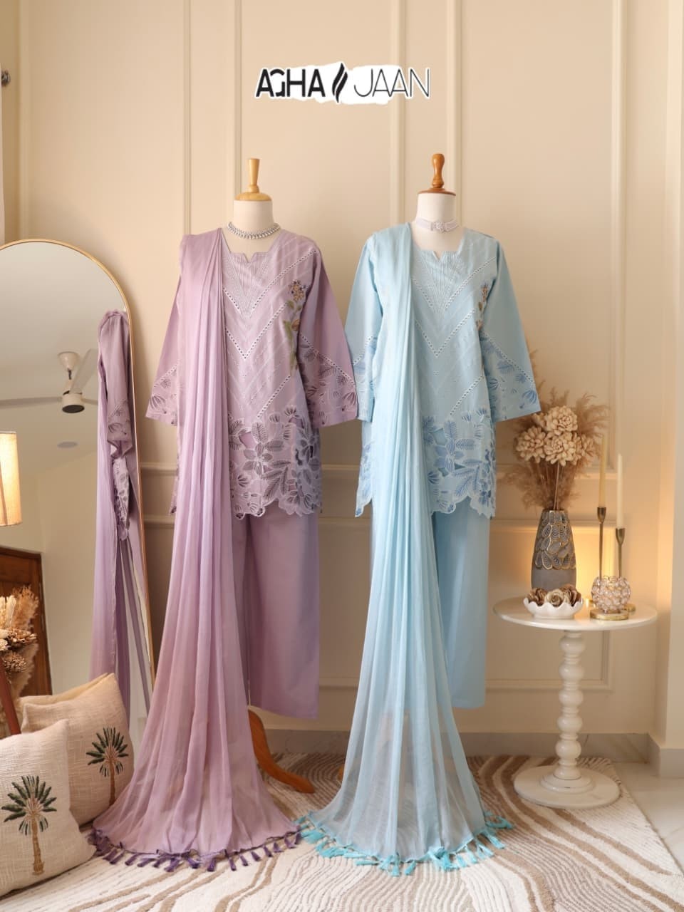 AGHAJAAN D-1029 Cambric Cotton Embroidered Cutwork Suit with Nazneen Dupatta Pakistani Readymade Suit Single Wholesale Price 