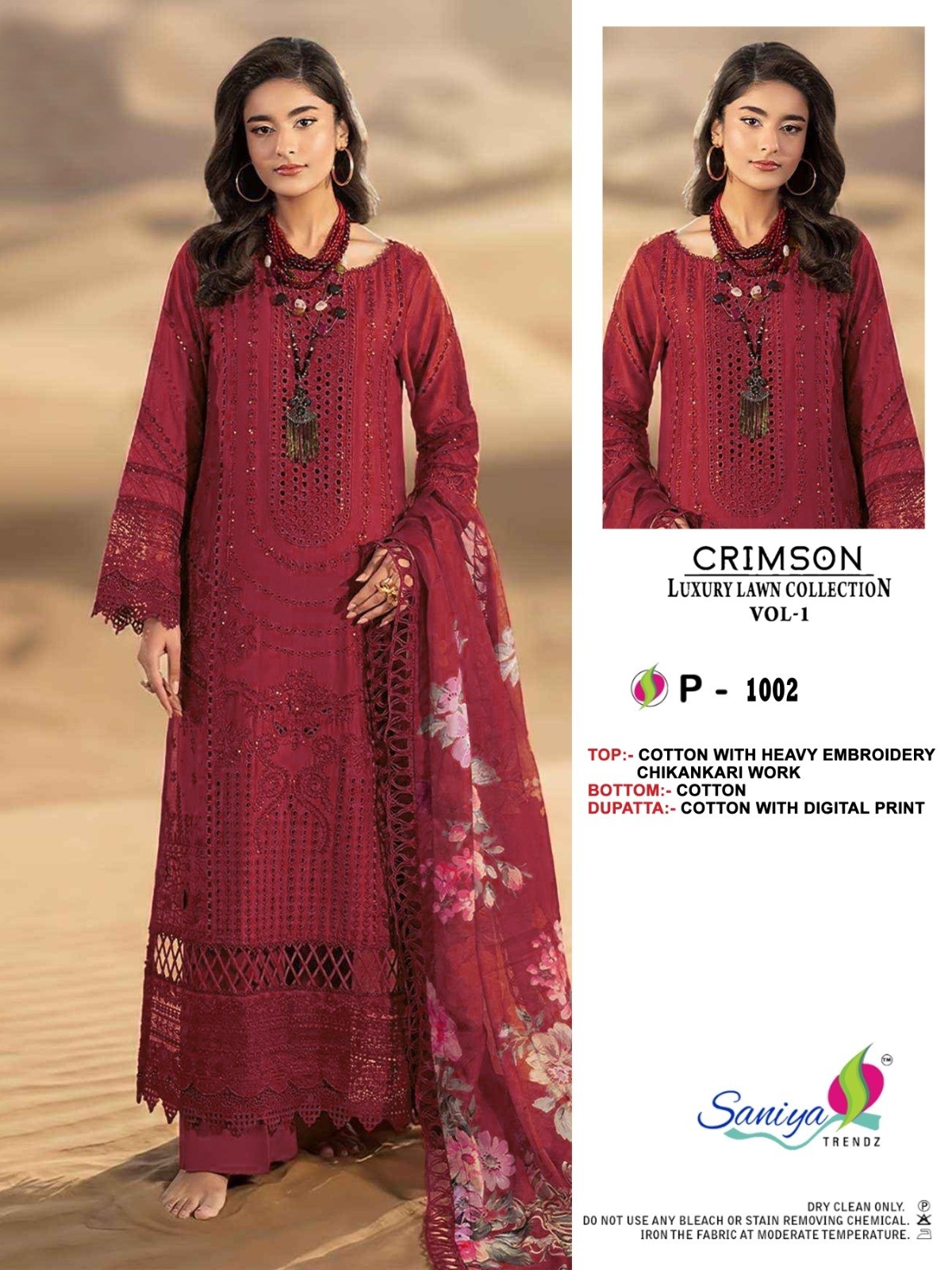CRIMSON LUXURY LAWN COLLETION VOL-1 by SANIYA TRENDZ – Cotton Chikankari Embroidered Pakistani Suit (Single & Full Set) Wholesale Price 