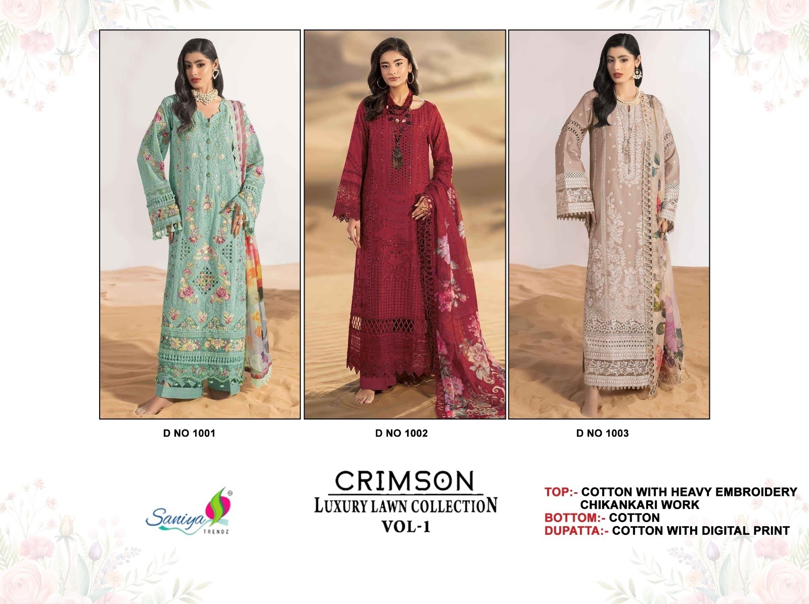 CRIMSON LUXURY LAWN COLLETION VOL-1 by SANIYA TRENDZ – Cotton Chikankari Embroidered Pakistani Suit (Single & Full Set) Wholesale Price 