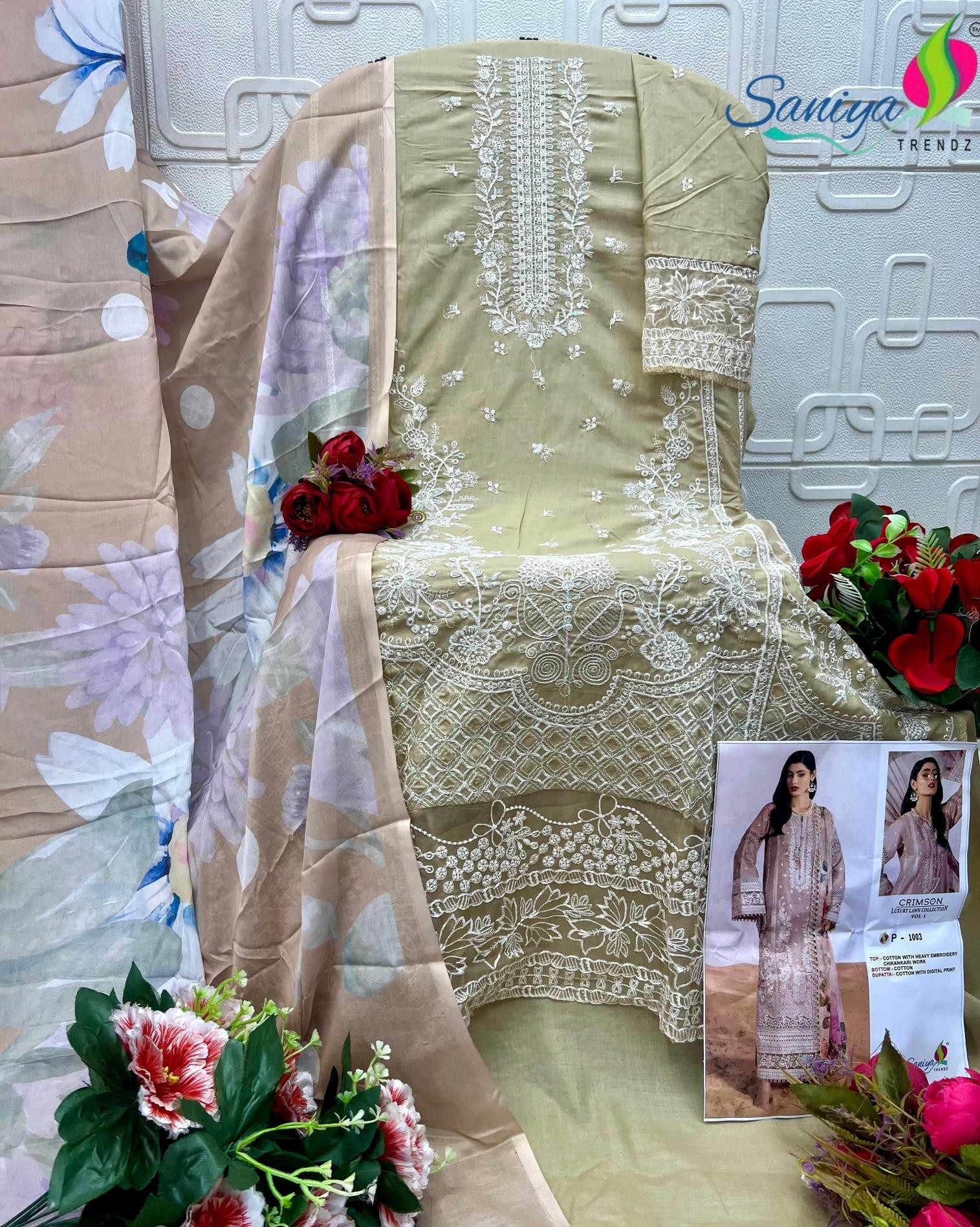 CRIMSON LUXURY LAWN COLLETION VOL-1 by SANIYA TRENDZ – Cotton Chikankari Embroidered Pakistani Suit (Single & Full Set) Wholesale Price 