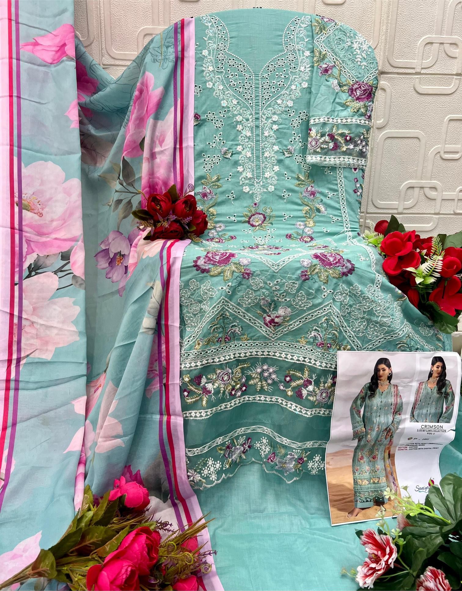 CRIMSON LUXURY LAWN COLLETION VOL-1 by SANIYA TRENDZ – Cotton Chikankari Embroidered Pakistani Suit (Single & Full Set) Wholesale Price 