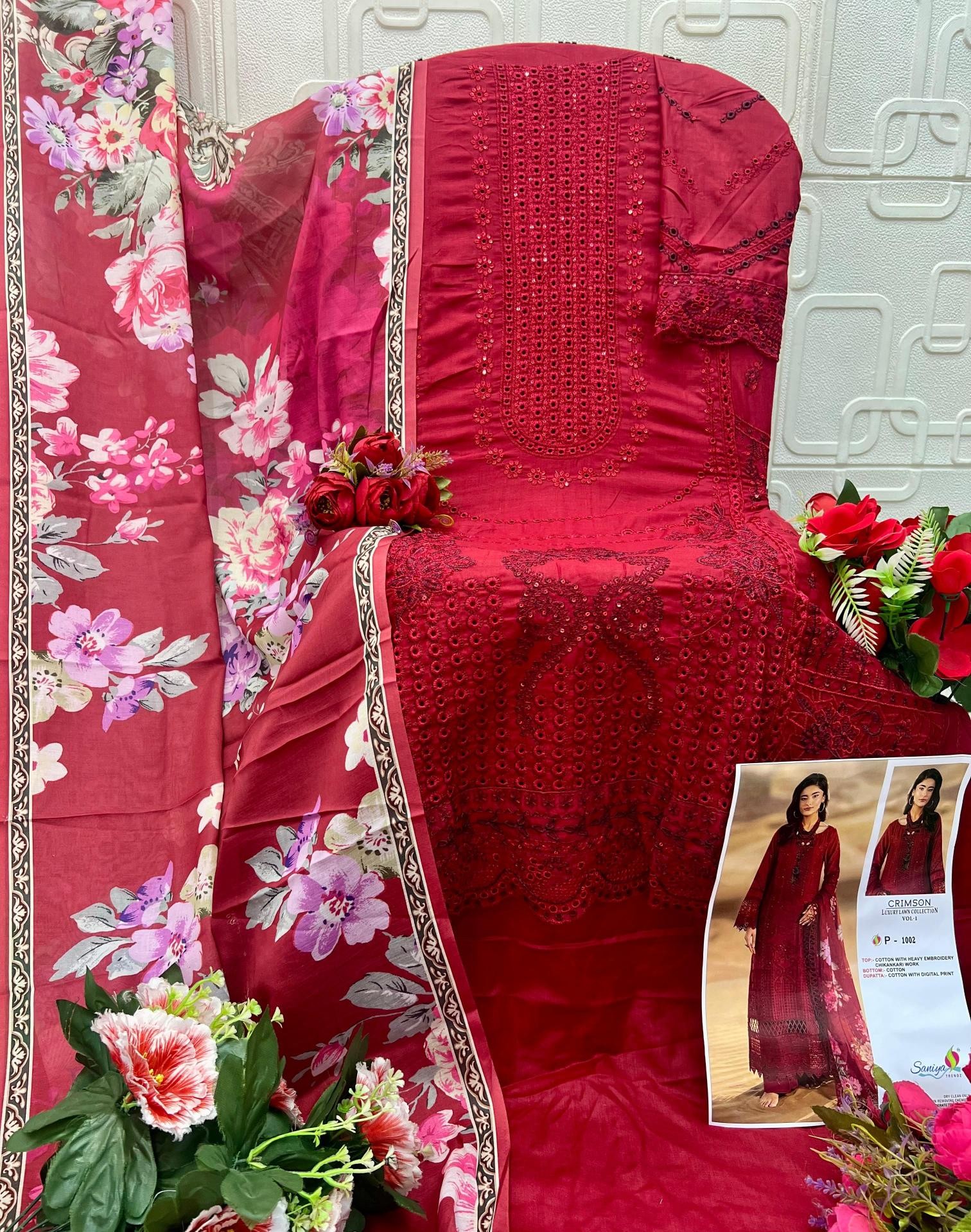 CRIMSON LUXURY LAWN COLLETION VOL-1 by SANIYA TRENDZ – Cotton Chikankari Embroidered Pakistani Suit (Single & Full Set) Wholesale Price 