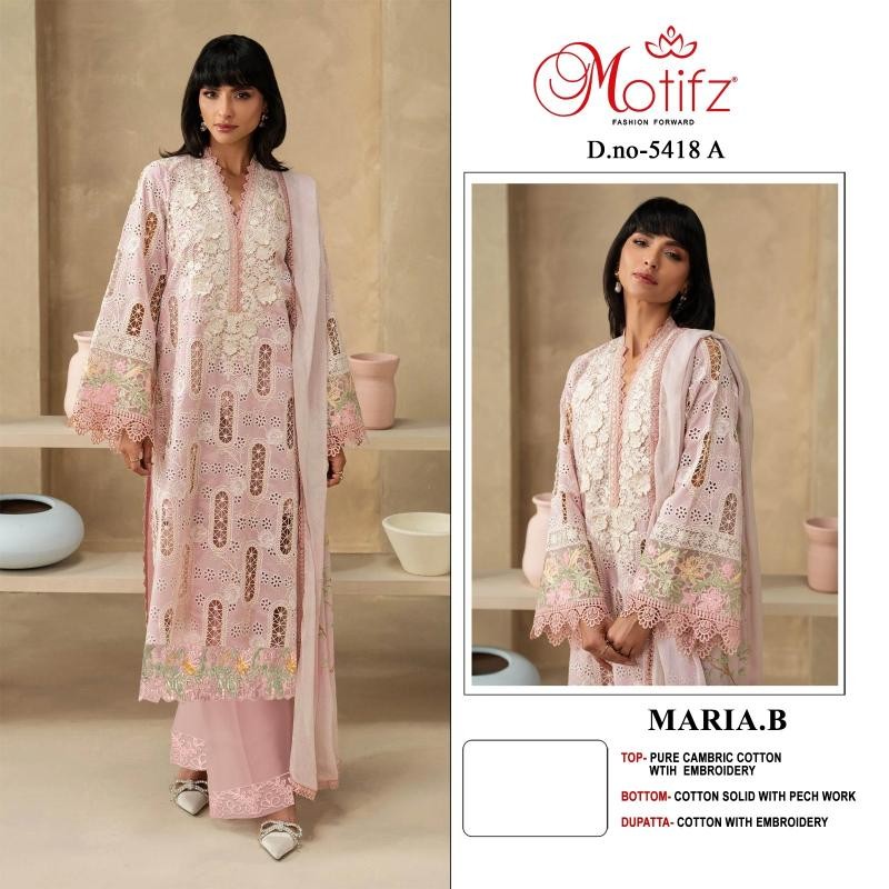 MARIA B Catalogue D.No. 5418 – Pure Cambric Cotton Embroidered Pakistani Suit Single & Wholesale price 