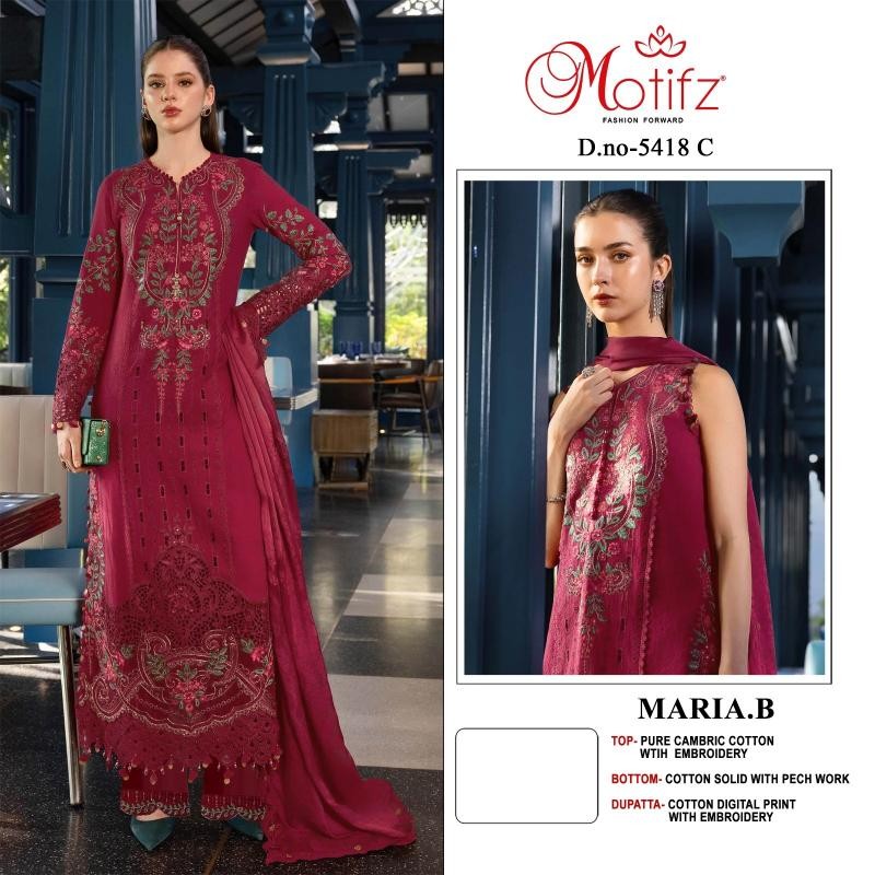 MARIA B Catalogue D.No. 5418 – Pure Cambric Cotton Embroidered Pakistani Suit Single & Wholesale price 