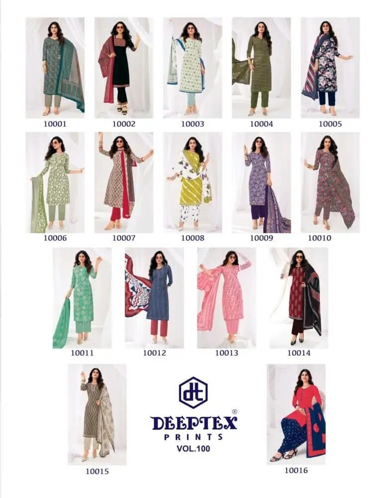 Deeptex, Miss India Vol-100, Cotton Dress Material, 16 Pcs Catalogue, Cotton Suit, Wholesale Collection