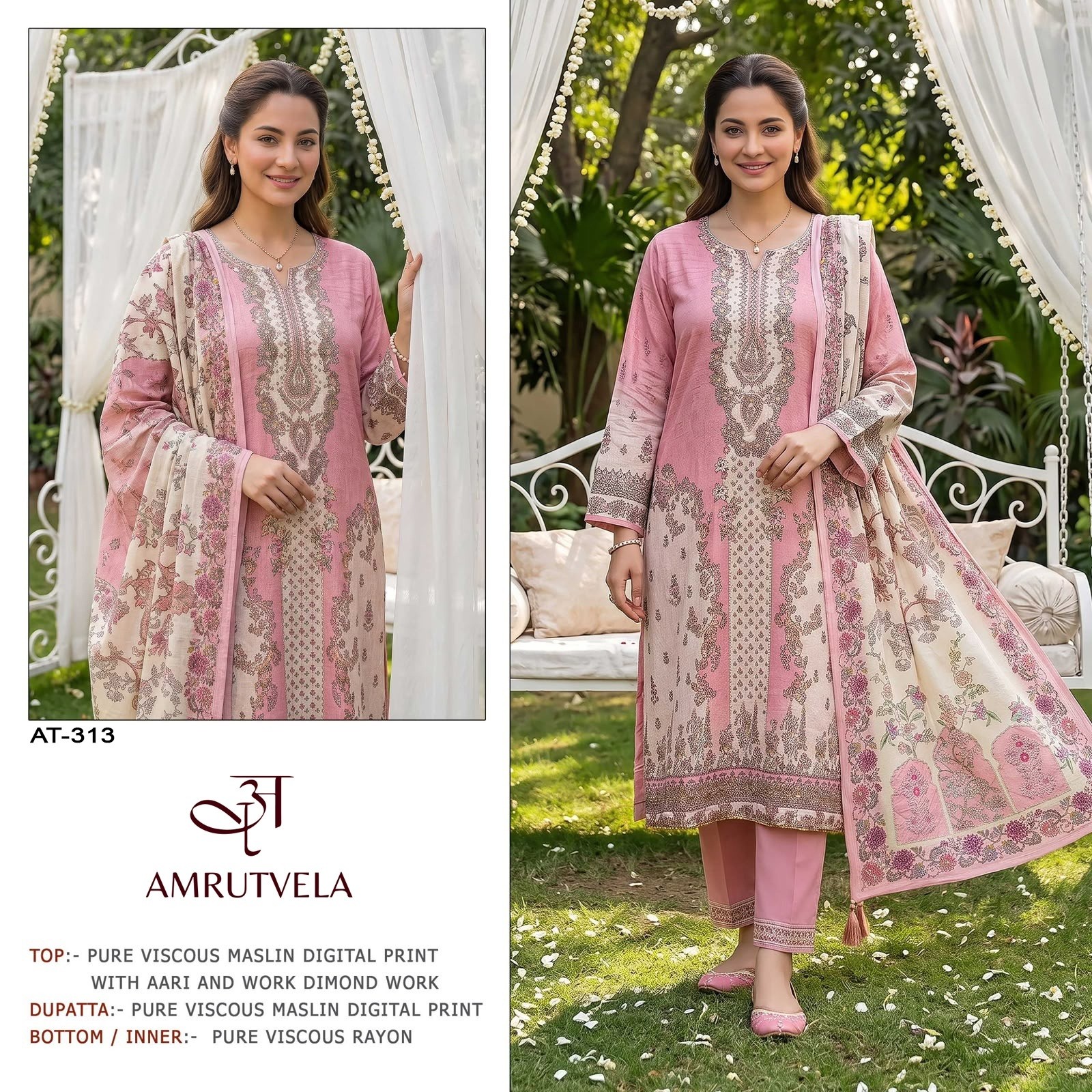 Amrutvela, Pure Viscose Maslin Suit, Aari Hand Work, Digital Print Suit, Designer Ladies Suit, Ethnic Wear, Special Pouch Packing