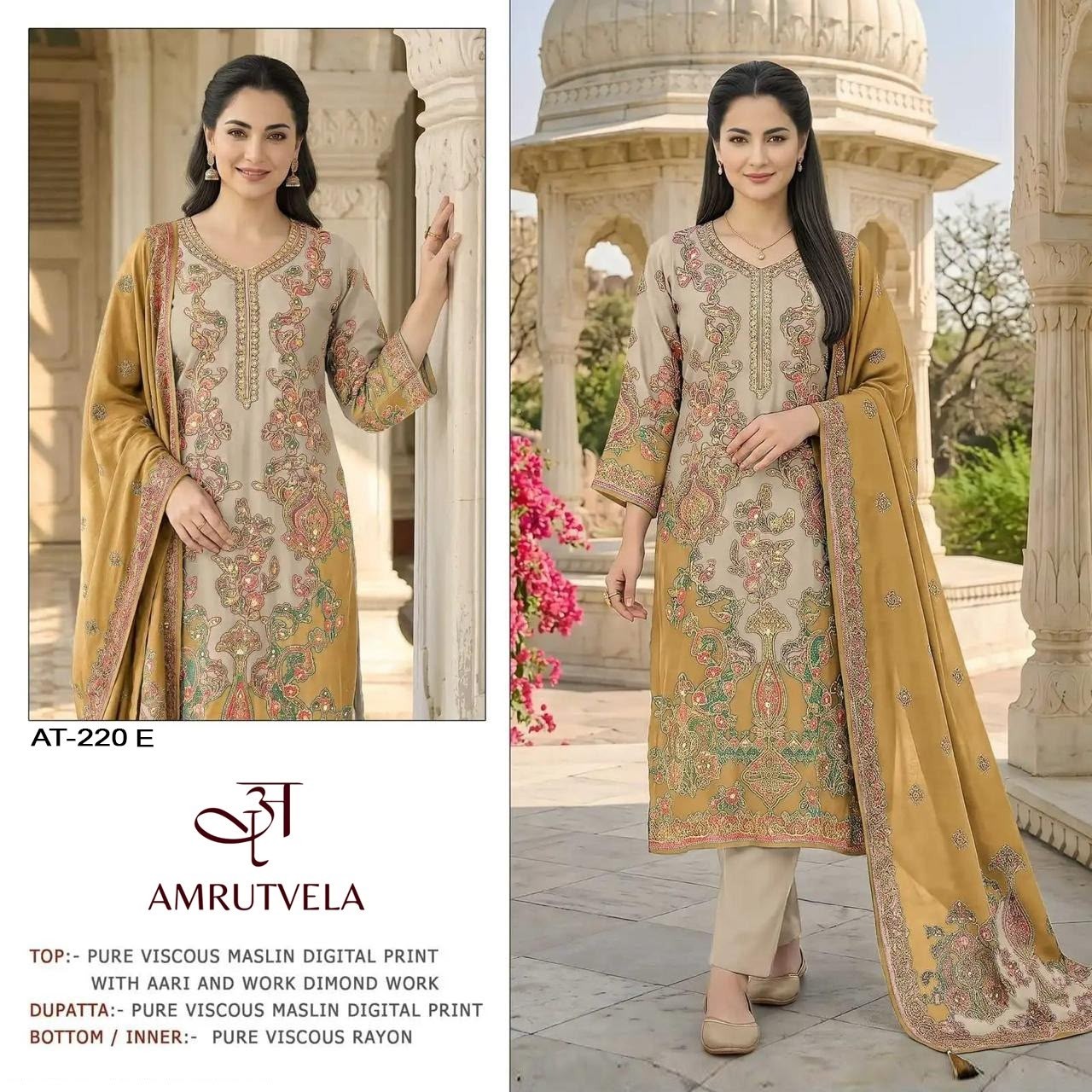 Amrutvela, Pure Viscose Maslin Suit, Aari Hand Work, Digital Print Suit, Designer Salwar Suit, Ladies Ethnic Wear, Special Pouch Packing