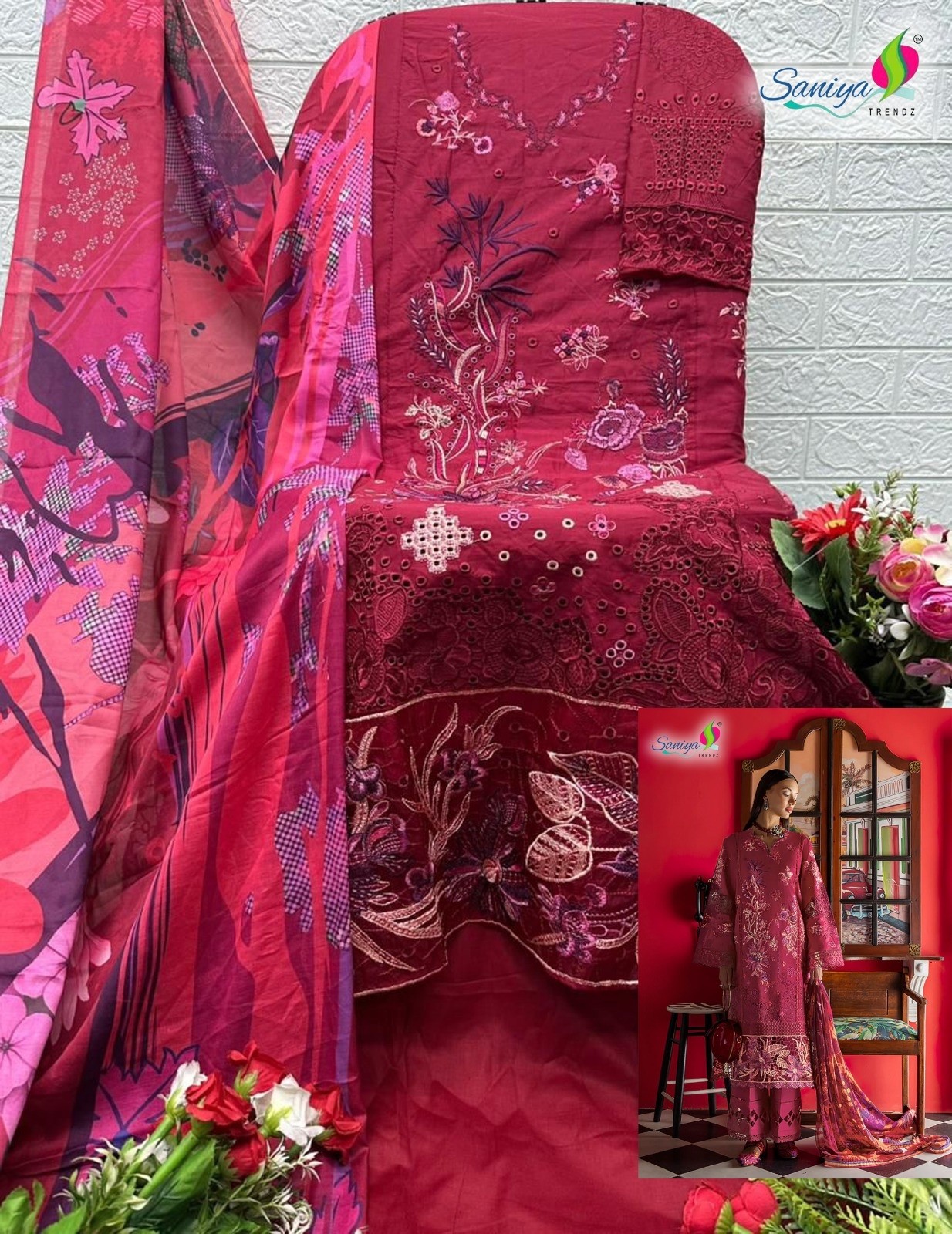 Saniya Trendz, Ombre Vol-28, Cotton Suit, Chikankari Embroidery, Maslin Printed Dupatta, Designer Ladies Suit, Ethnic Wear