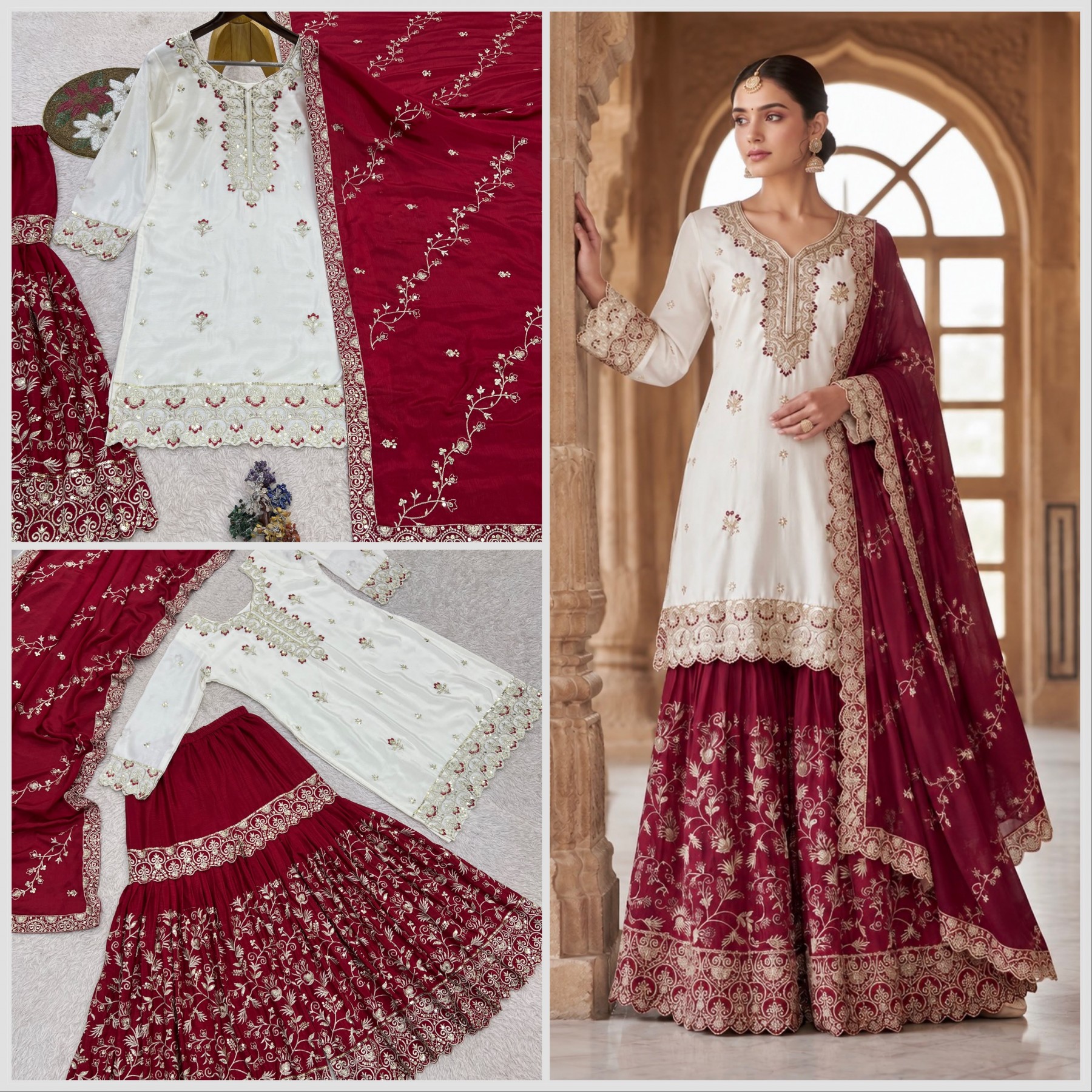 Pakistani Ready to Wear | Pure Chinon Silk | Heavy Embroidery & Sequence Work | Sharara Set | M-3XL