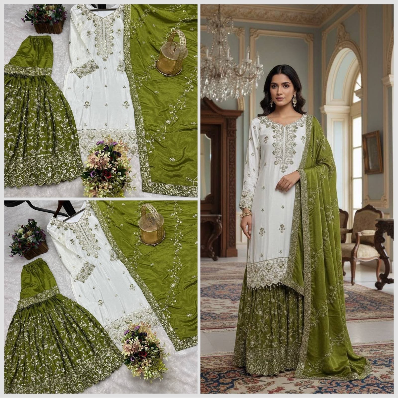 Pakistani Ready to Wear | Pure Chinon Silk | Heavy Embroidery & Sequence Work | Sharara Set | M-3XL