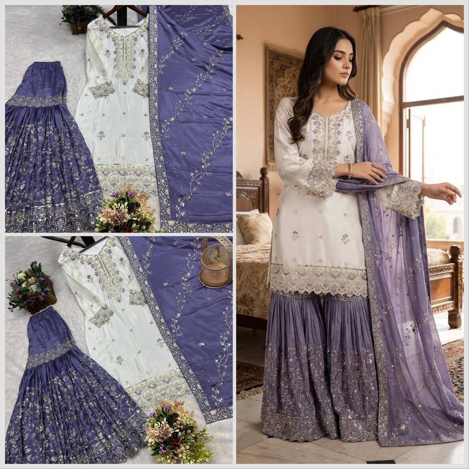 Pakistani Ready to Wear | Pure Chinon Silk | Heavy Embroidery & Sequence Work | Sharara Set | M-3XL