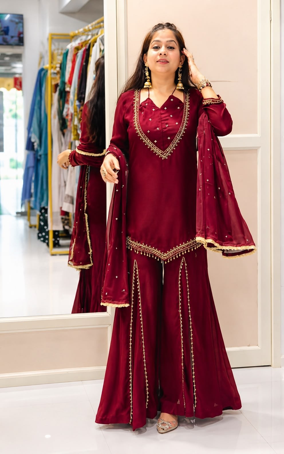 Premium Roman Glass | Real Mirror Work | Chanderi Silk Dupatta | M-XXL | Ready to Wear