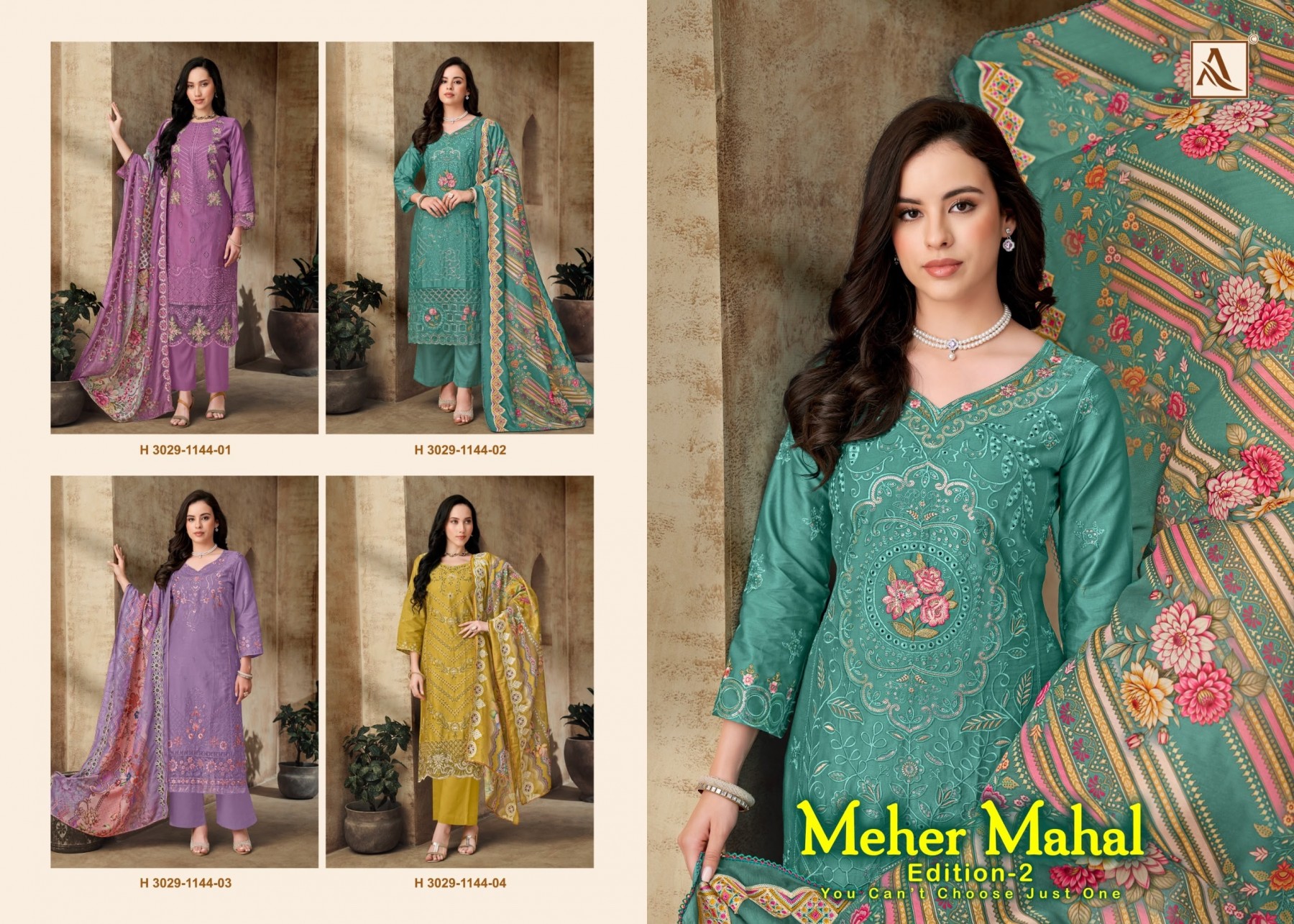 ALOK SUIT | Meher Mahal-2 | Pure Zam Cotton | Pakistani Embroidery | Mal Mal Dupatta | 4 PCS Set | Ready to Ship